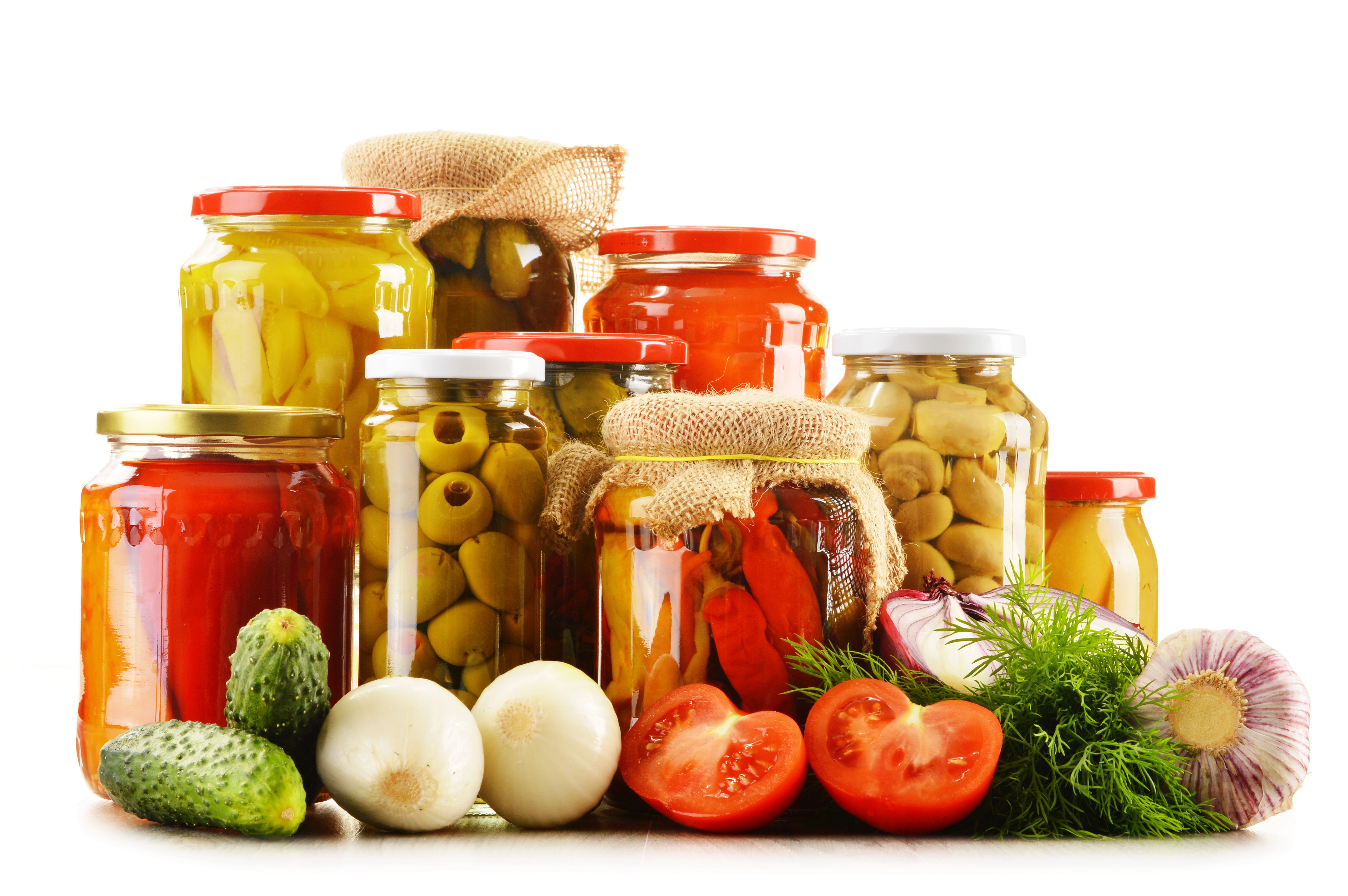 Jars of Pickled Vegetables and Fresh Produce HD Wallpaper