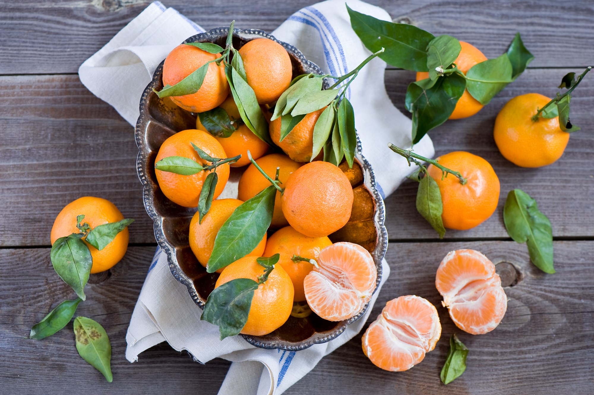 Tangerines in a decorative bowl on a wooden table HD Wallpaper