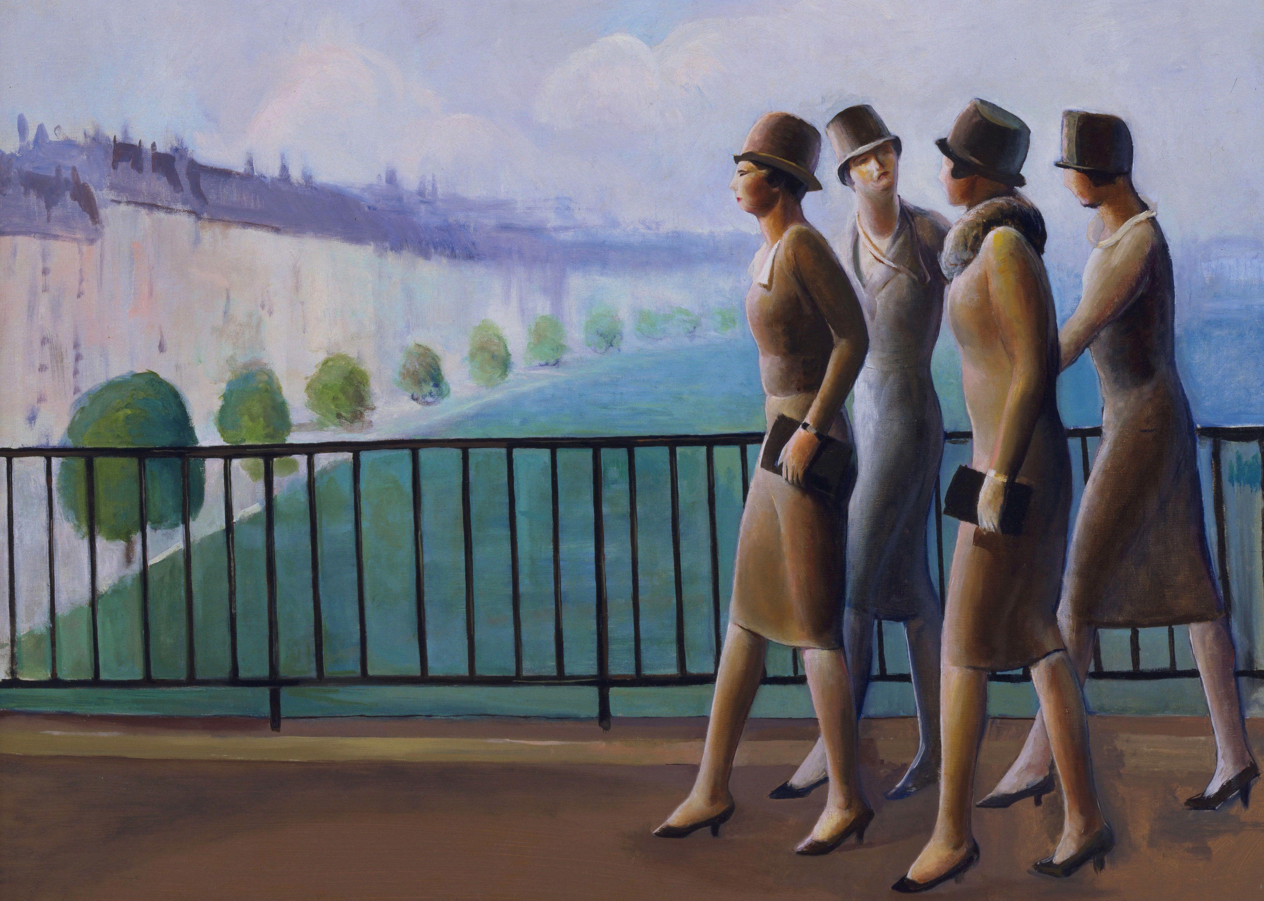 Four women in hats walking along a railing HD Wallpaper