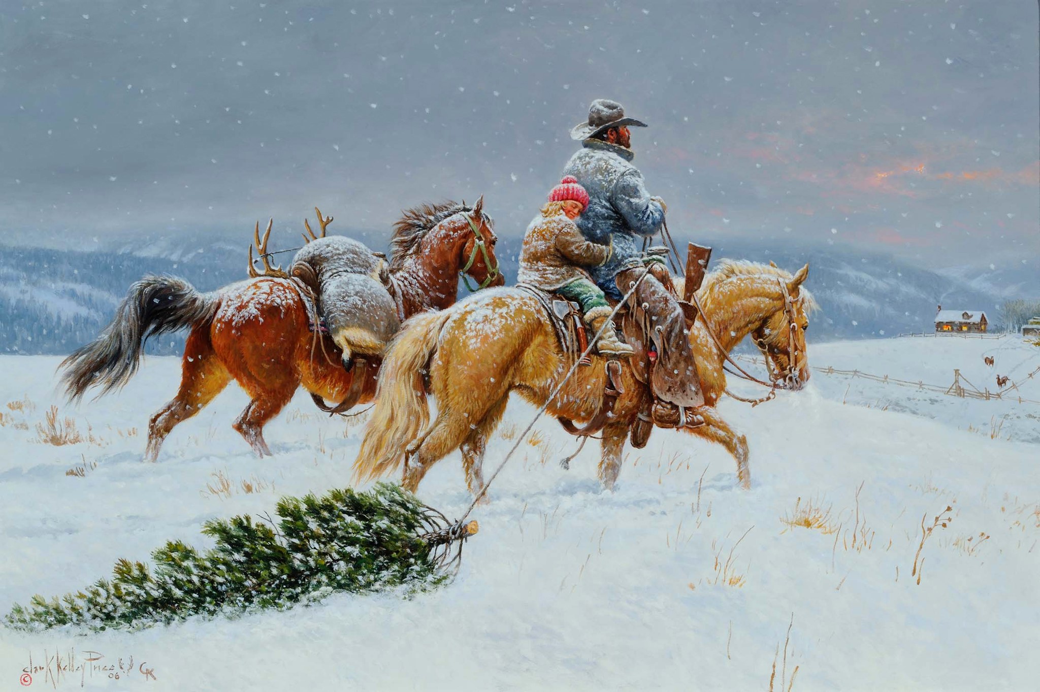 Clark Kelley Price's Winter Scene with Horses and Tree HD Wallpaper