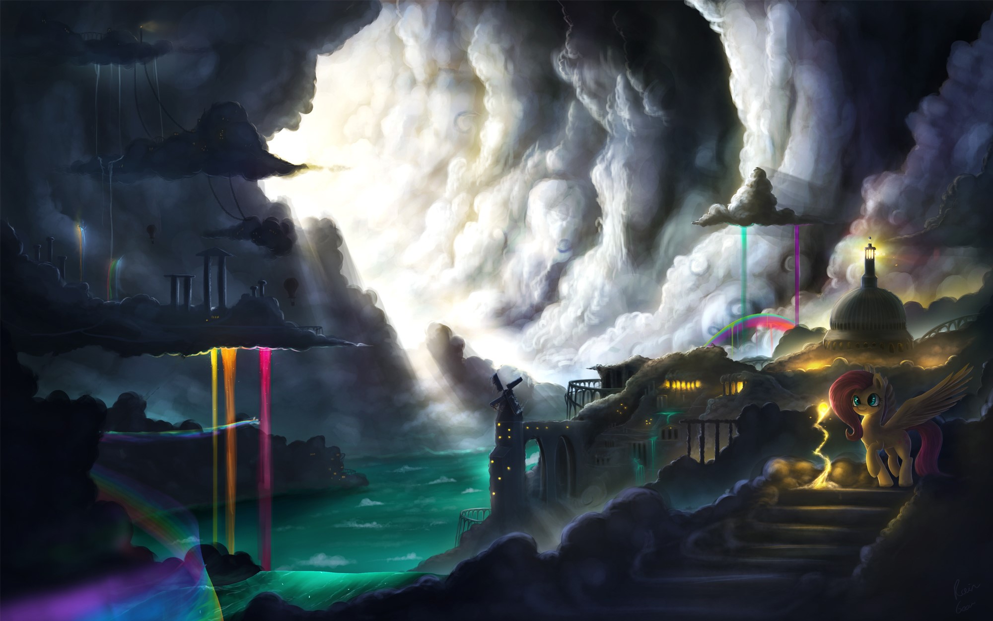 Fluttershy from My Little Pony in a cloudy, surreal landscape HD Wallpaper