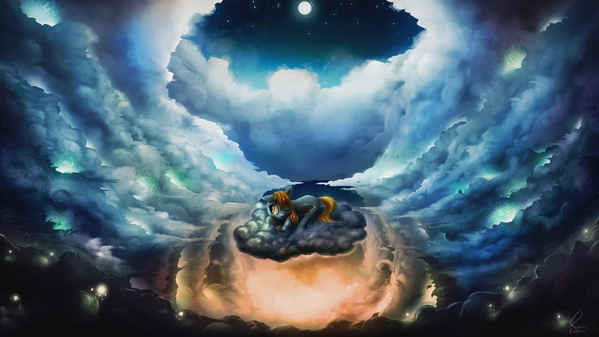 Pony resting on a cloud under a starry sky HD Wallpaper