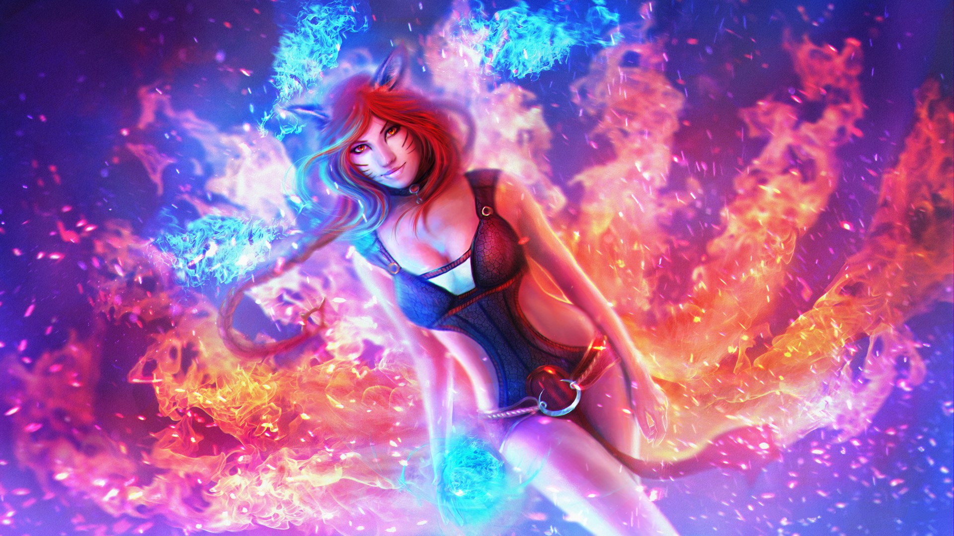Ahri from League of Legends surrounded by magical fire HD Wallpaper