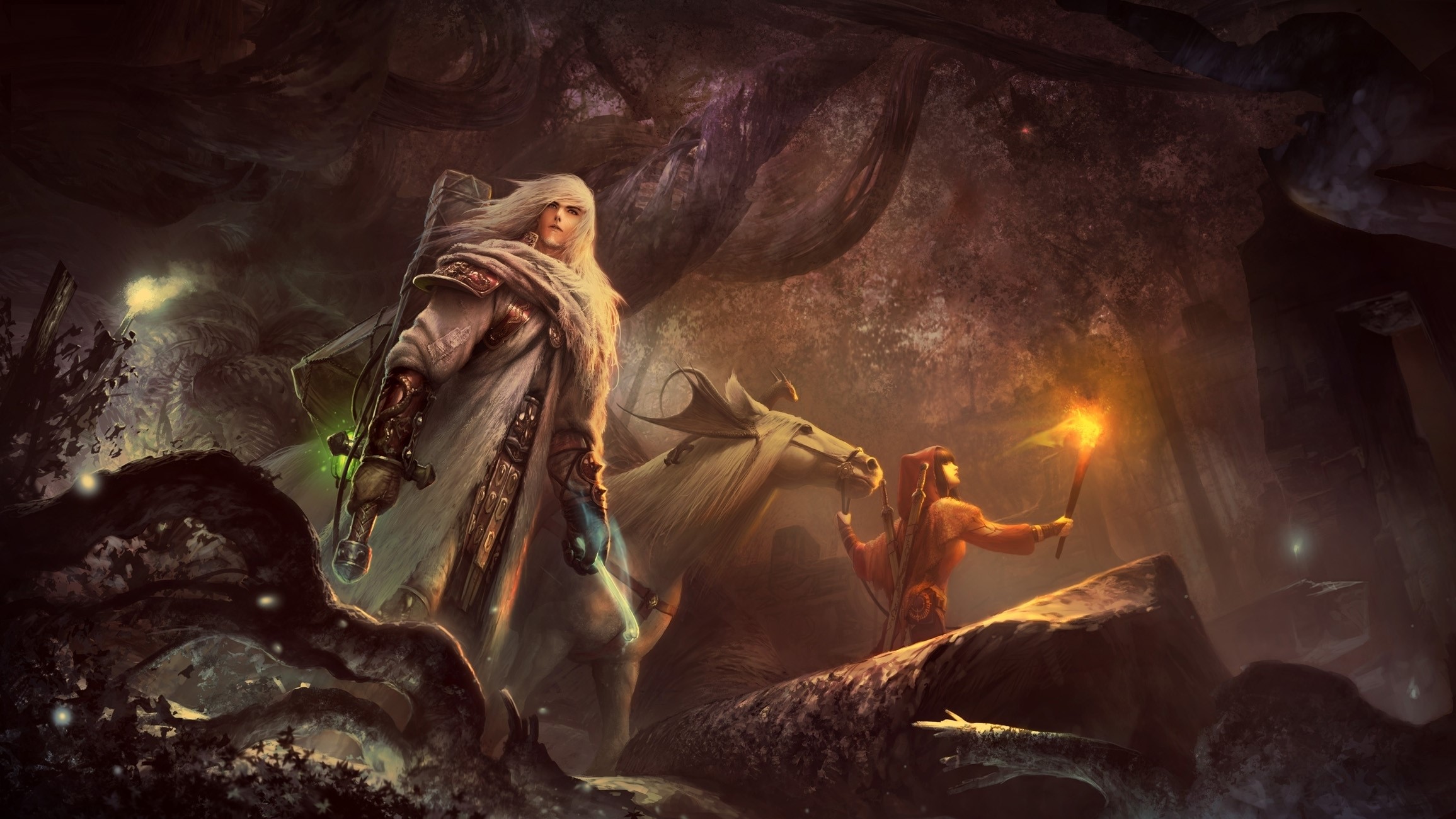 Fantasy warriors with horses in a cave HD Wallpaper