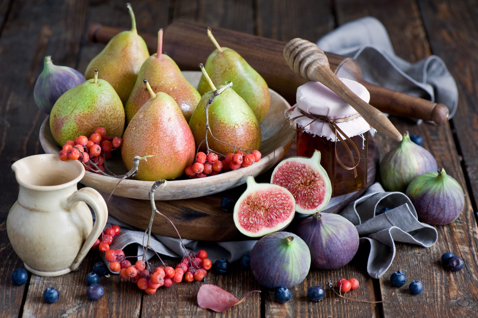 Pears, Figs, Blueberries, and Honey Jar on Wooden Table HD Wallpaper