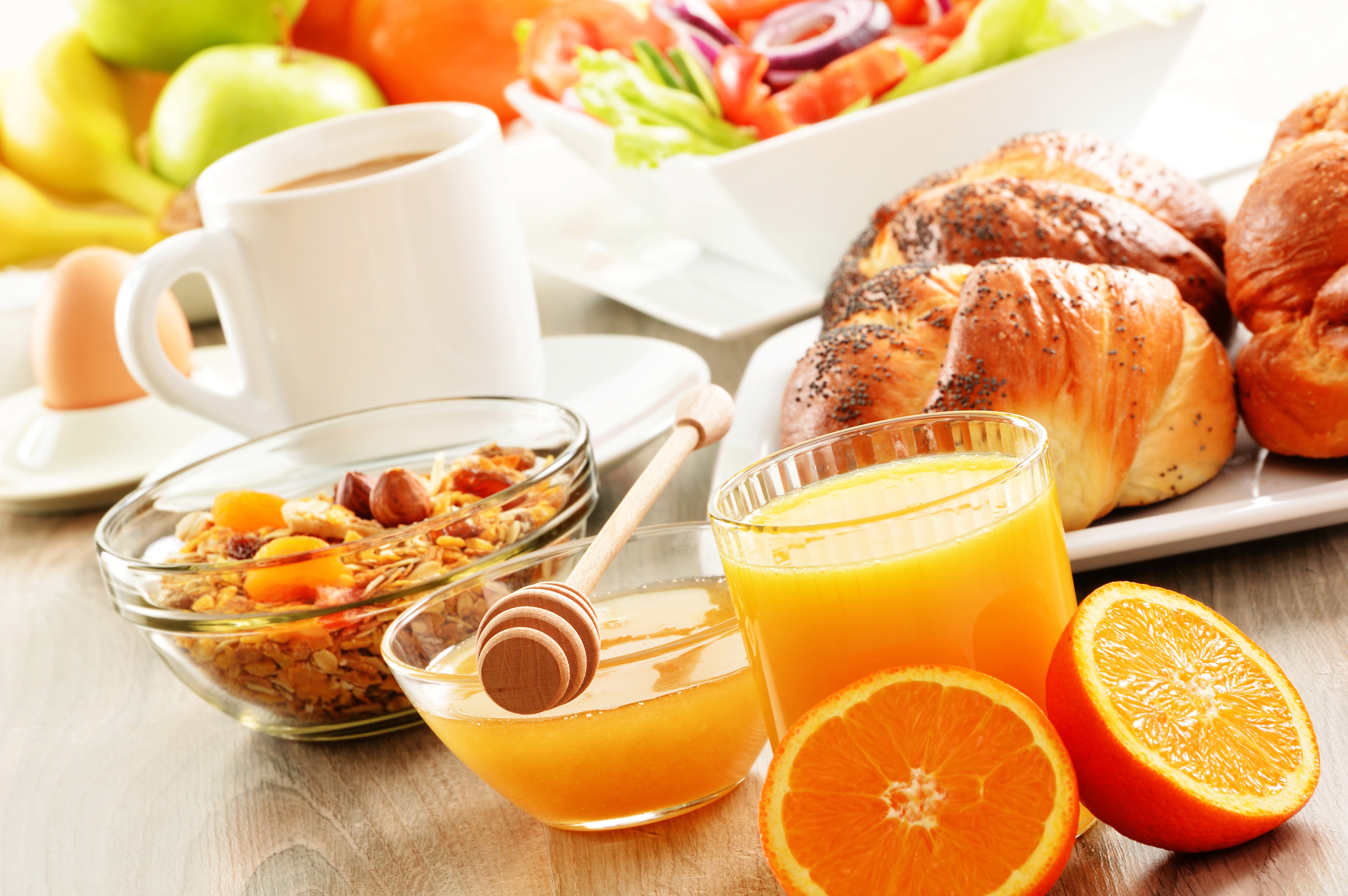 Breakfast with Muesli, Pastries, Juice, and Coffee HD Wallpaper