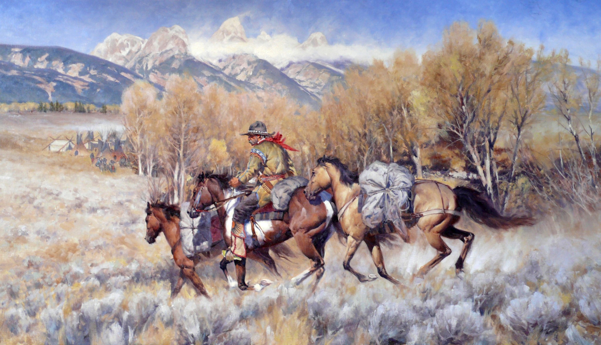 Man on horseback with pack horses in mountains HD Wallpaper