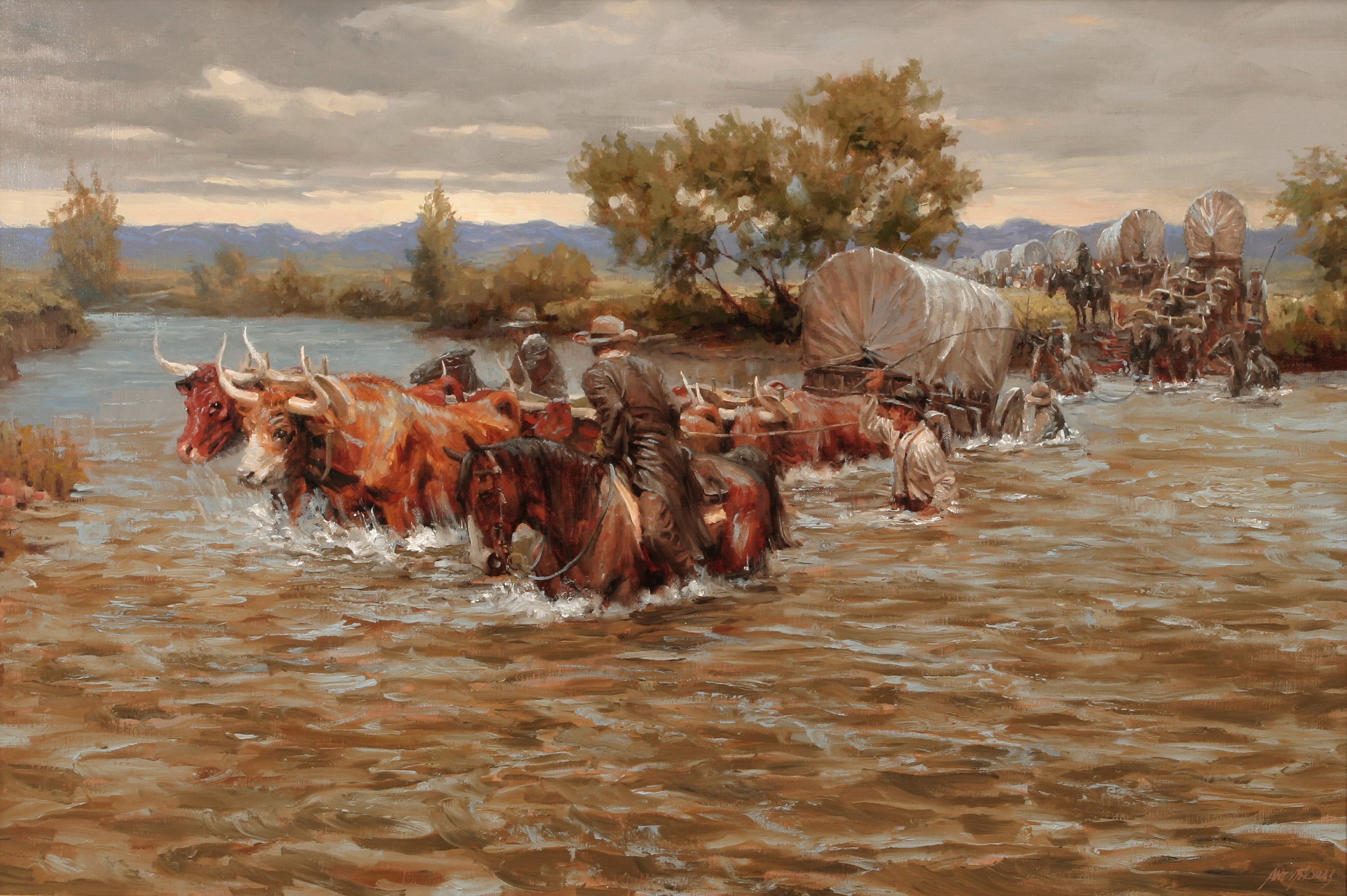 Andy Thomas's Treacherous Crossing with Wagons and Cattle HD Wallpaper