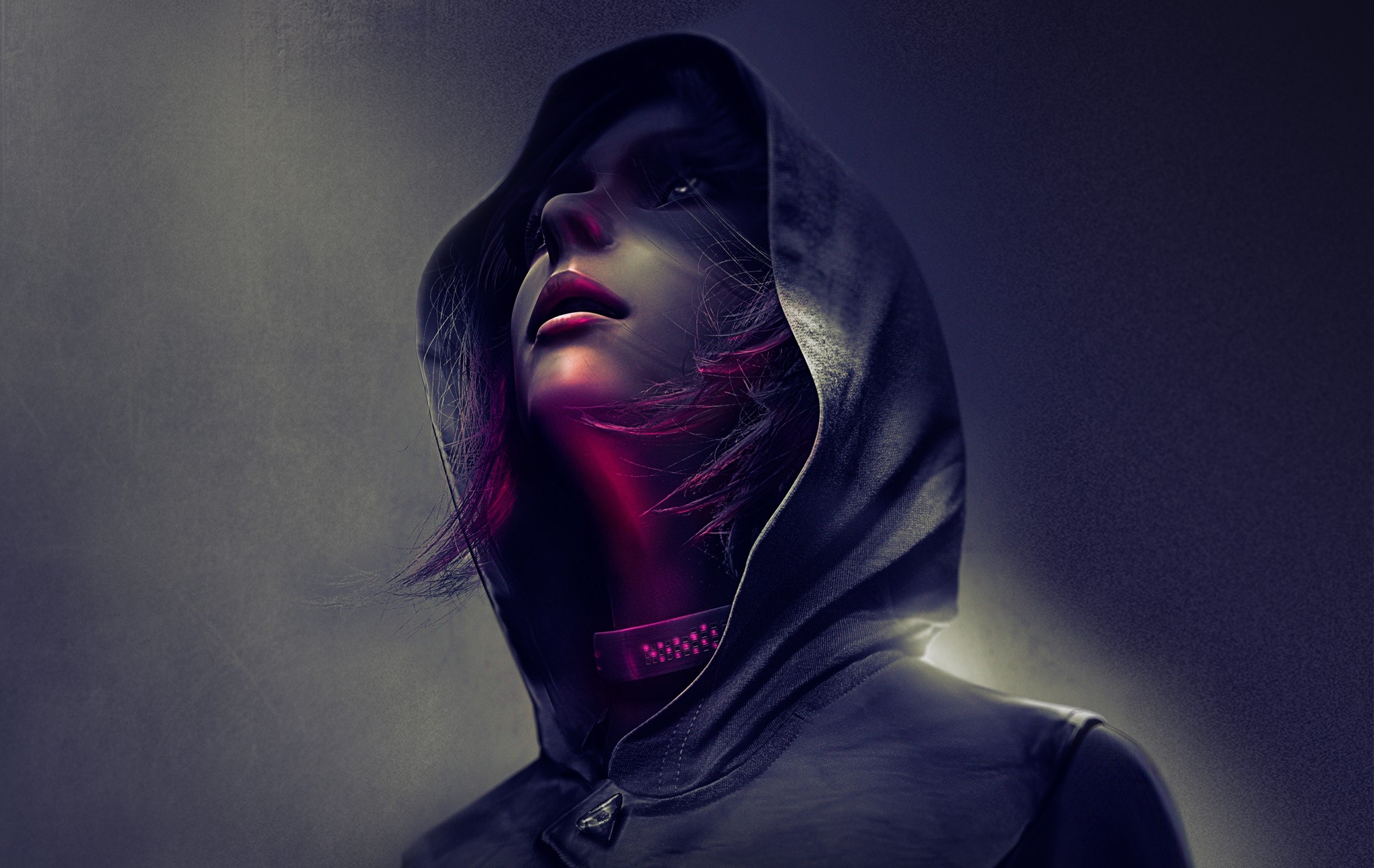 Woman in a dark hood looking up HD Wallpaper