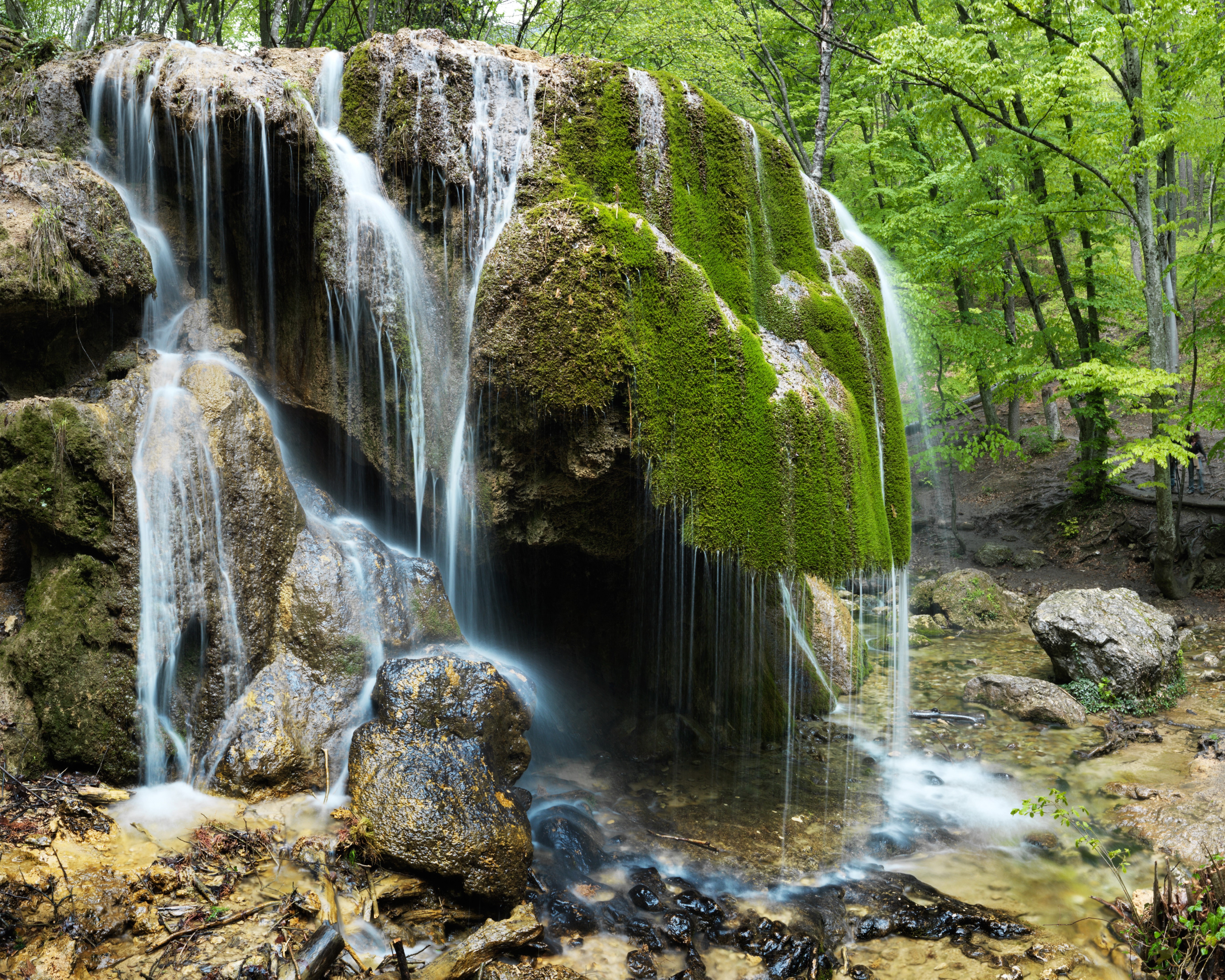 Waterfall cascading over moss-covered rocks in a forest HD Wallpaper