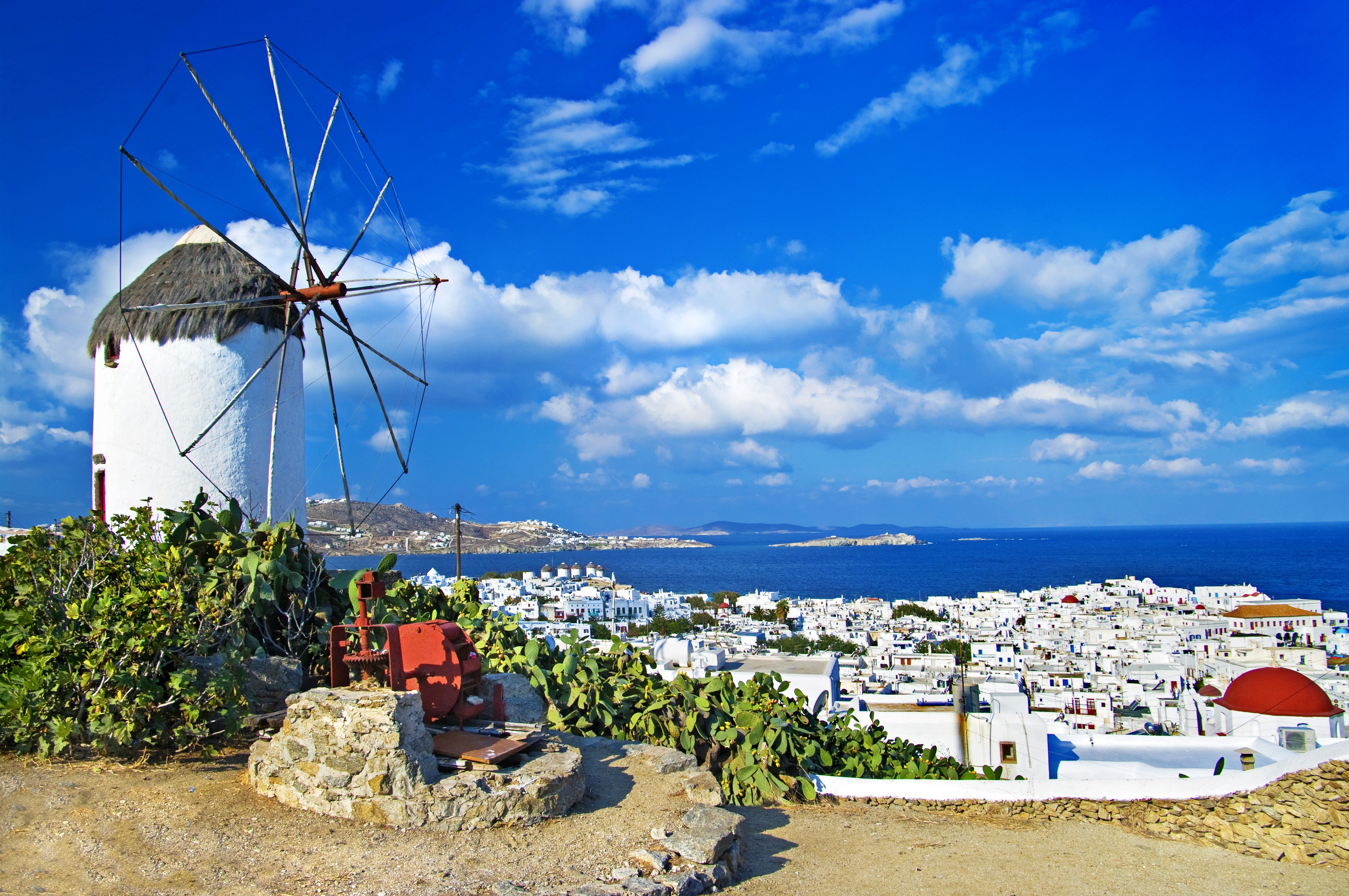 Windmill overlooking Mykonos, Greece HD Wallpaper