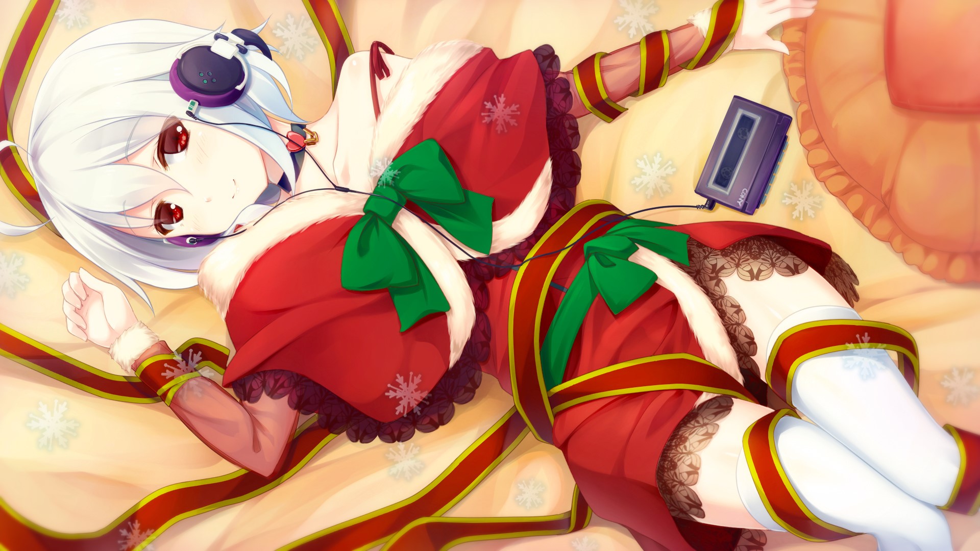 Girl in Christmas Dress with Headphones and Cassette Player HD Wallpaper