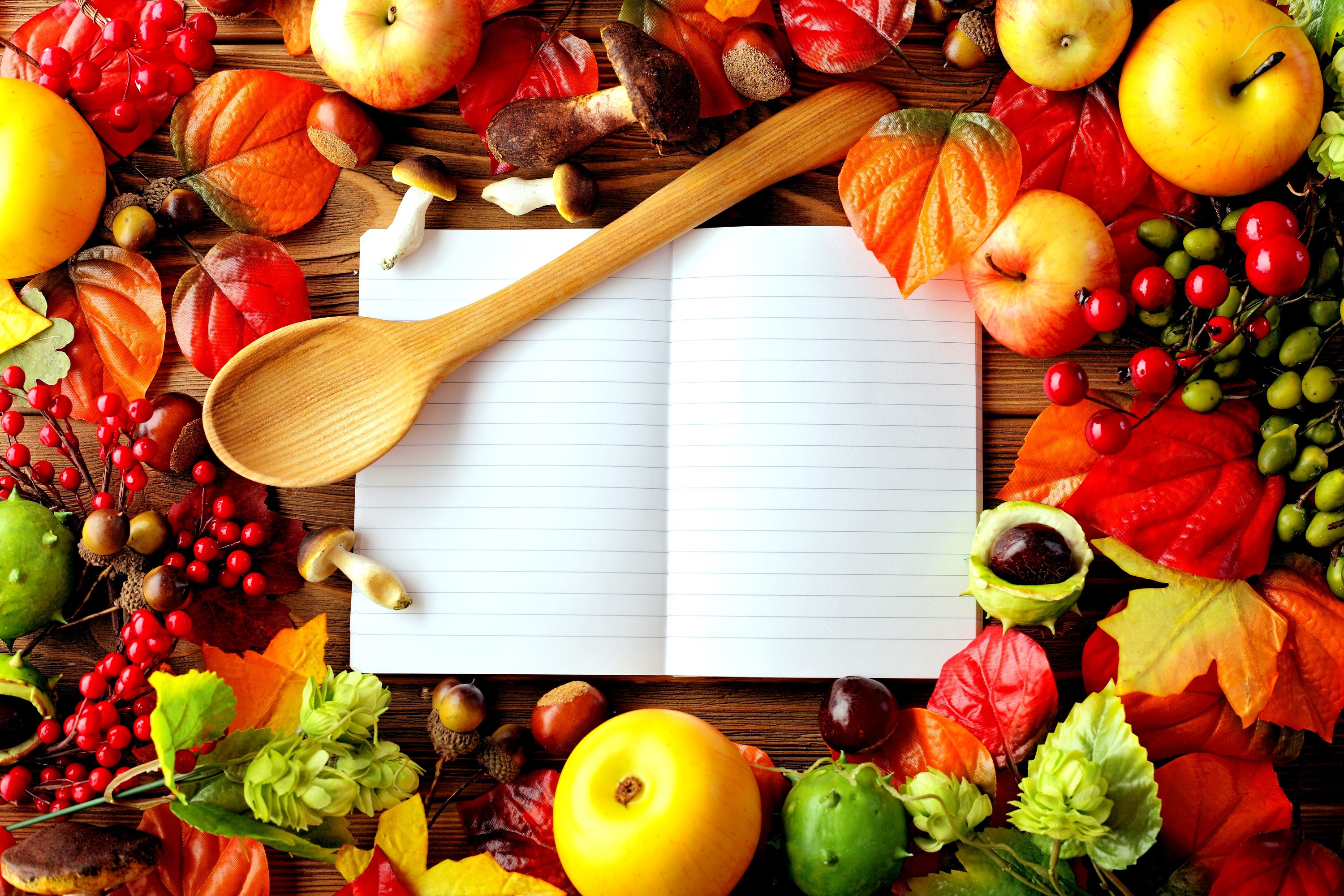 Autumn harvest with open notebook and wooden spoon HD Wallpaper