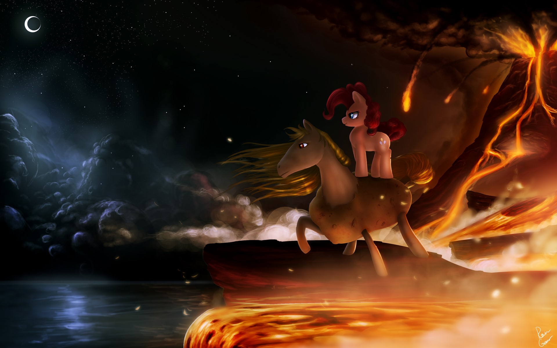 Pinkie Pie from My Little Pony on a horse near a volcano HD Wallpaper