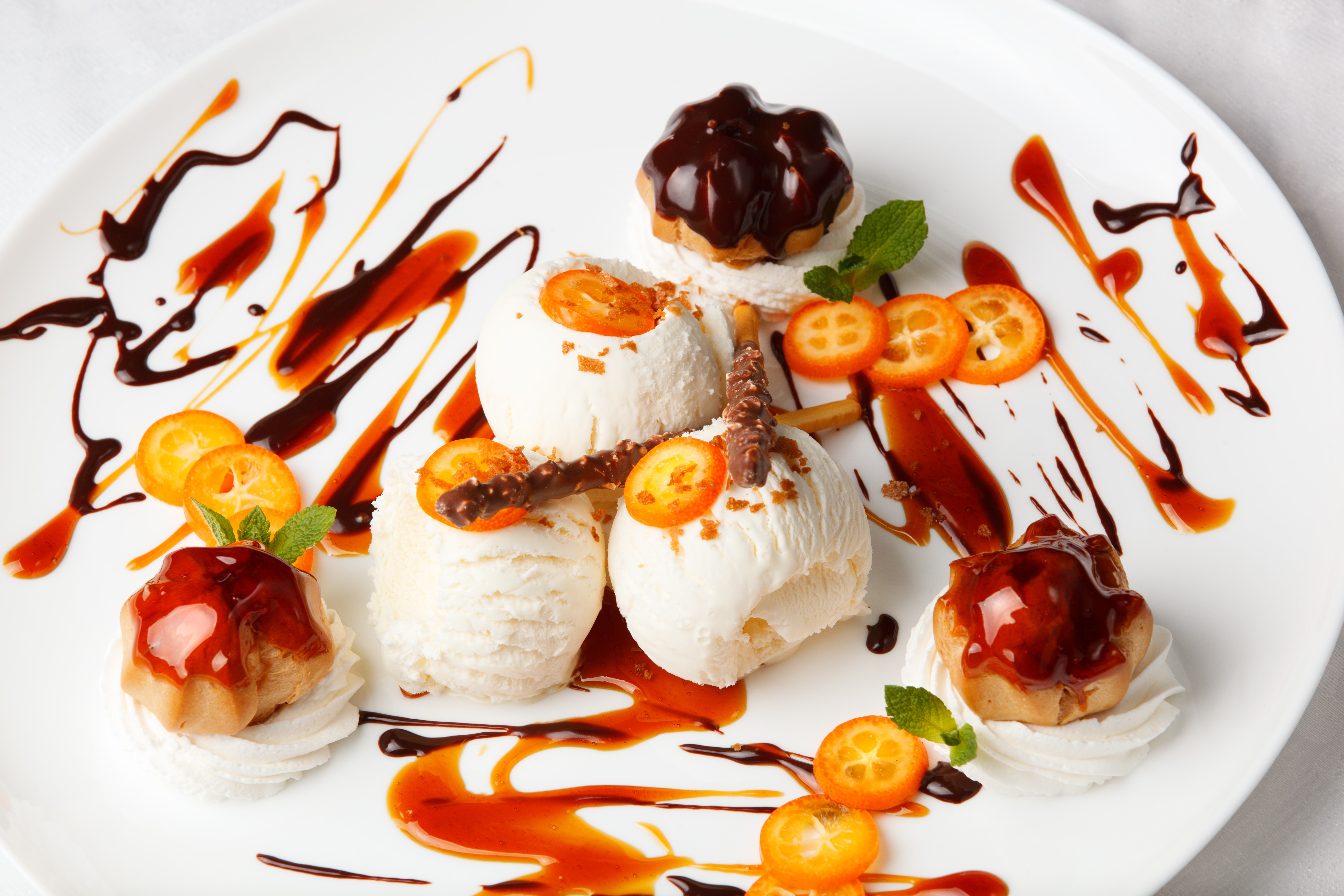 Ice cream with kumquats and chocolate sauce on a plate HD Wallpaper