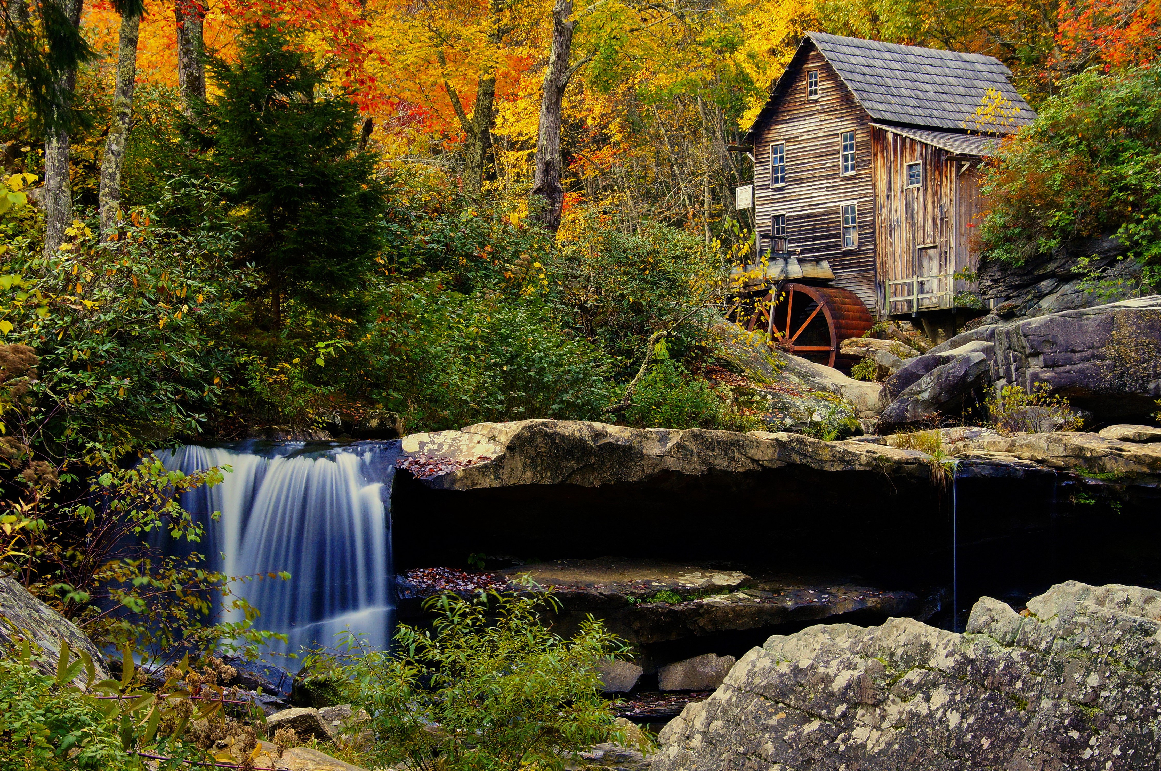 4K Autumn Waterfall and Mill at Babcock State Park HD Wallpaper