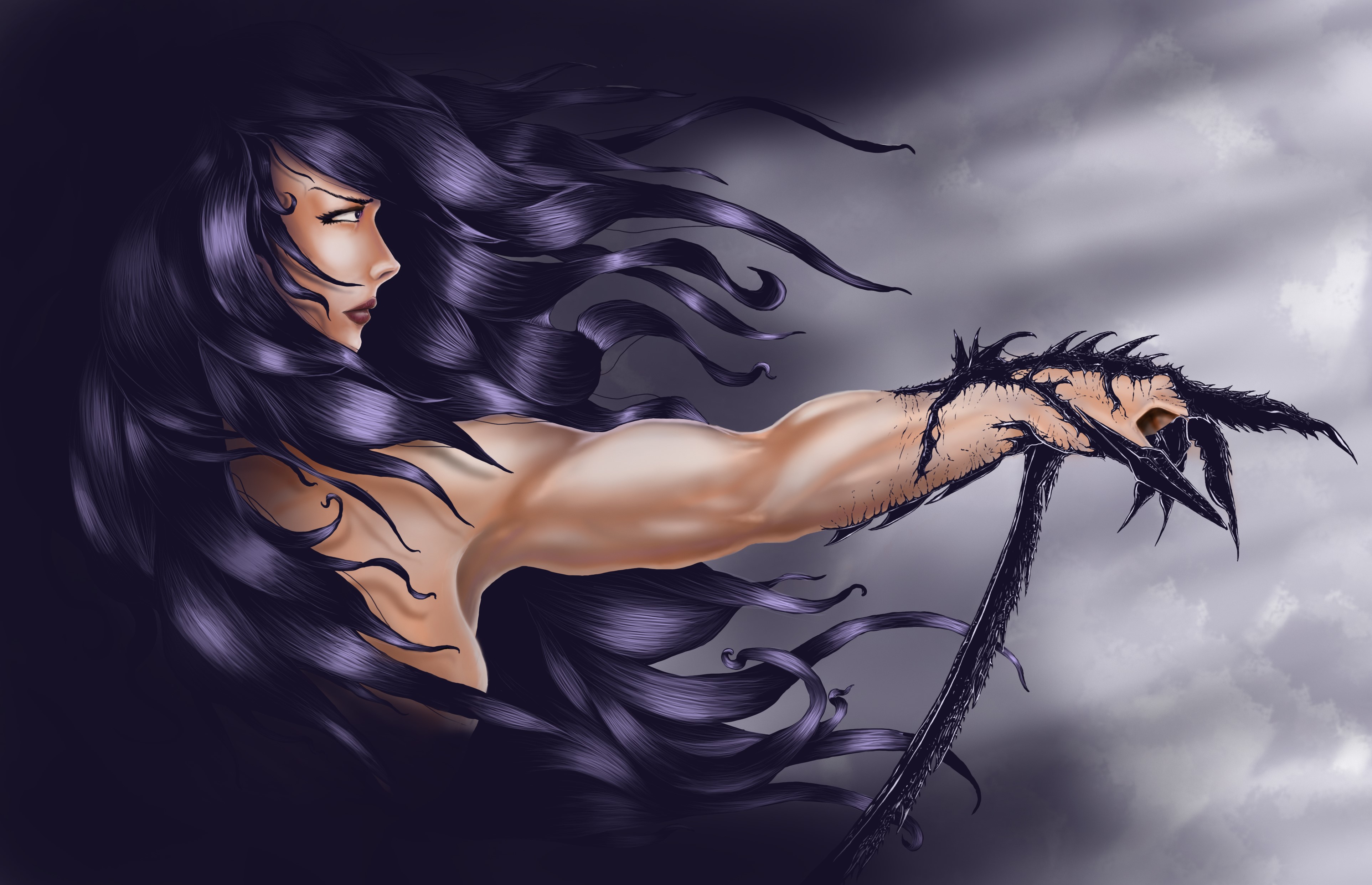 Woman with long dark hair and monstrous arm HD Wallpaper