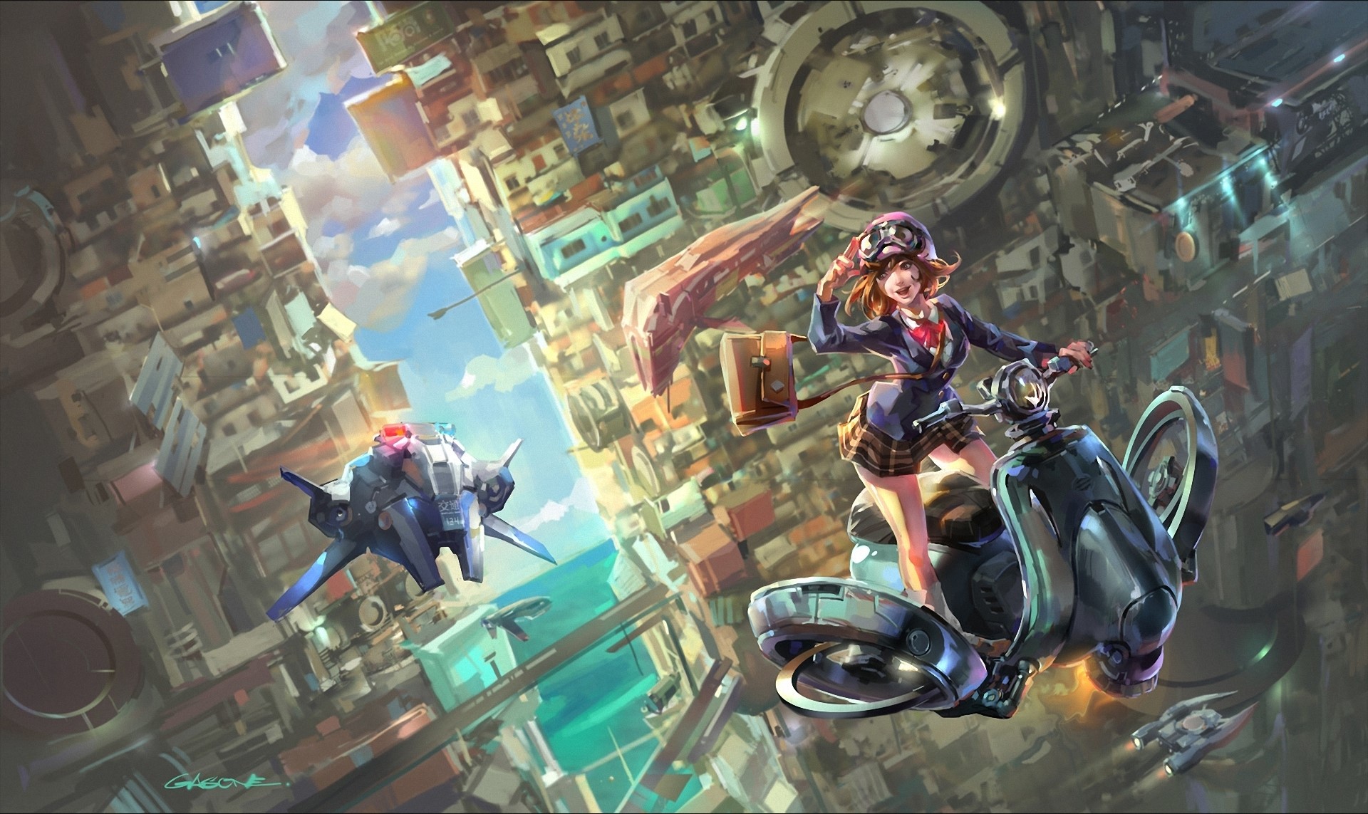 Girl on scooter in futuristic city with flying vehicles HD Wallpaper