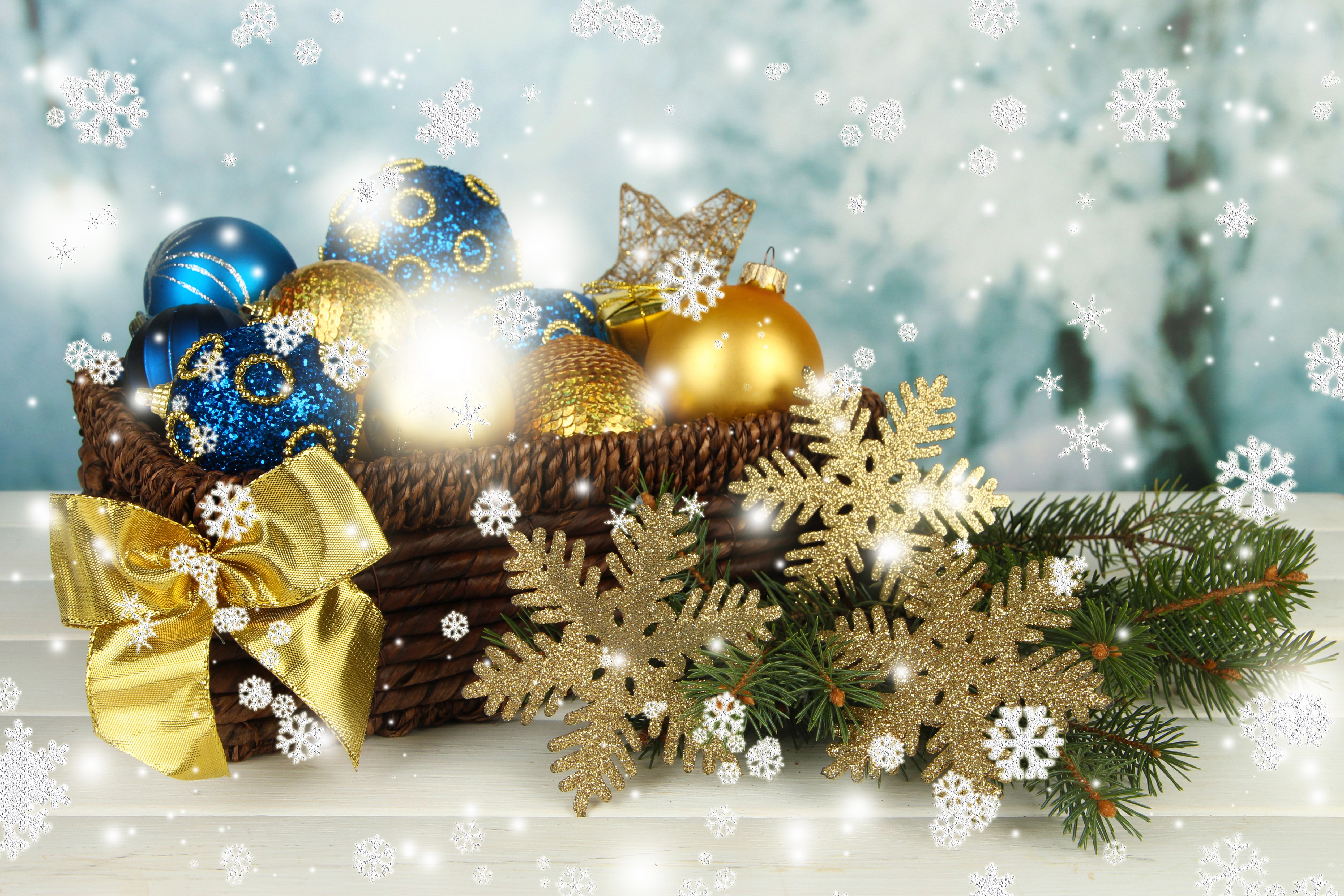 Christmas Ornaments in a Basket with Snowflakes HD Wallpaper