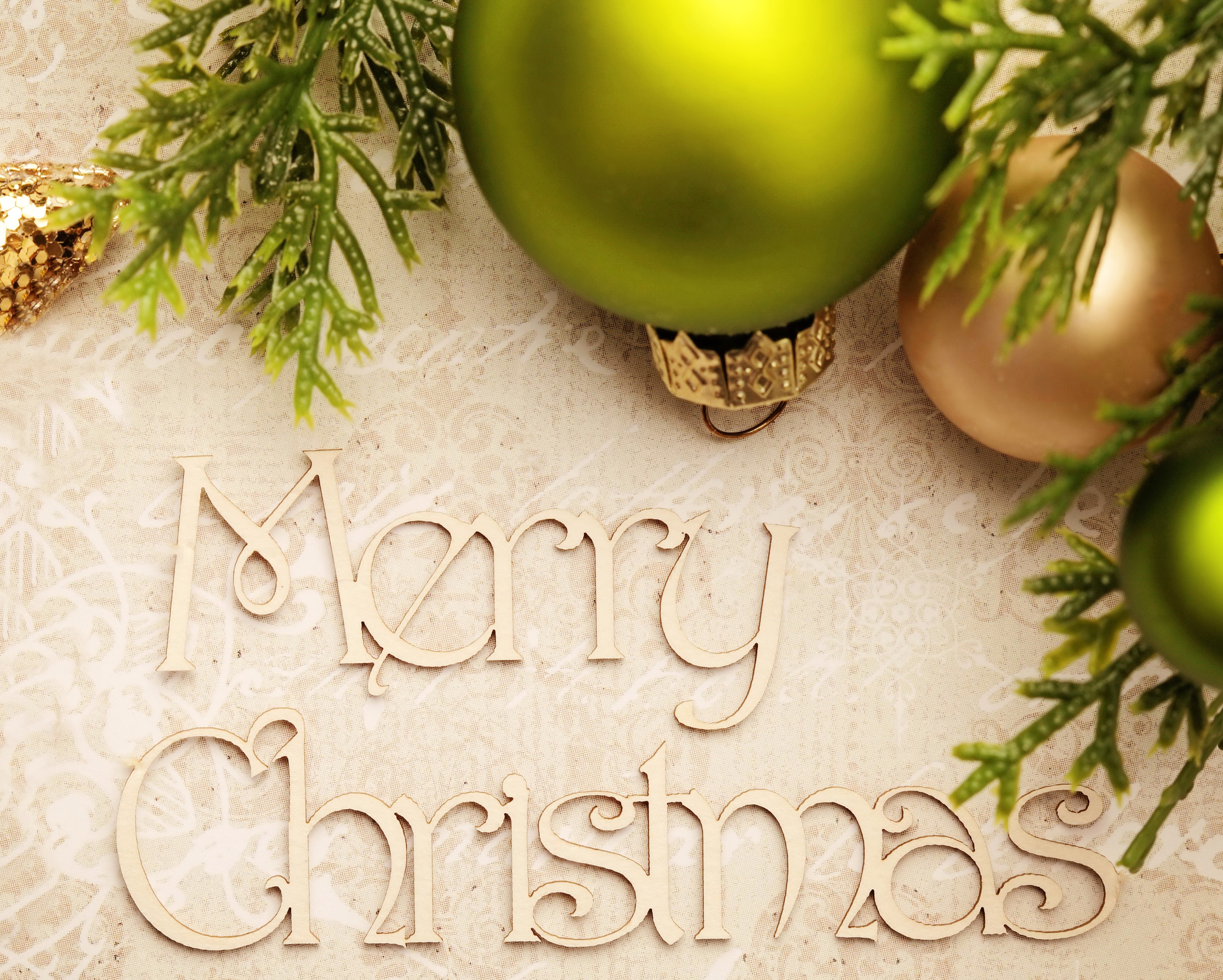 Merry Christmas with Ornaments and Pine Branches HD Wallpaper
