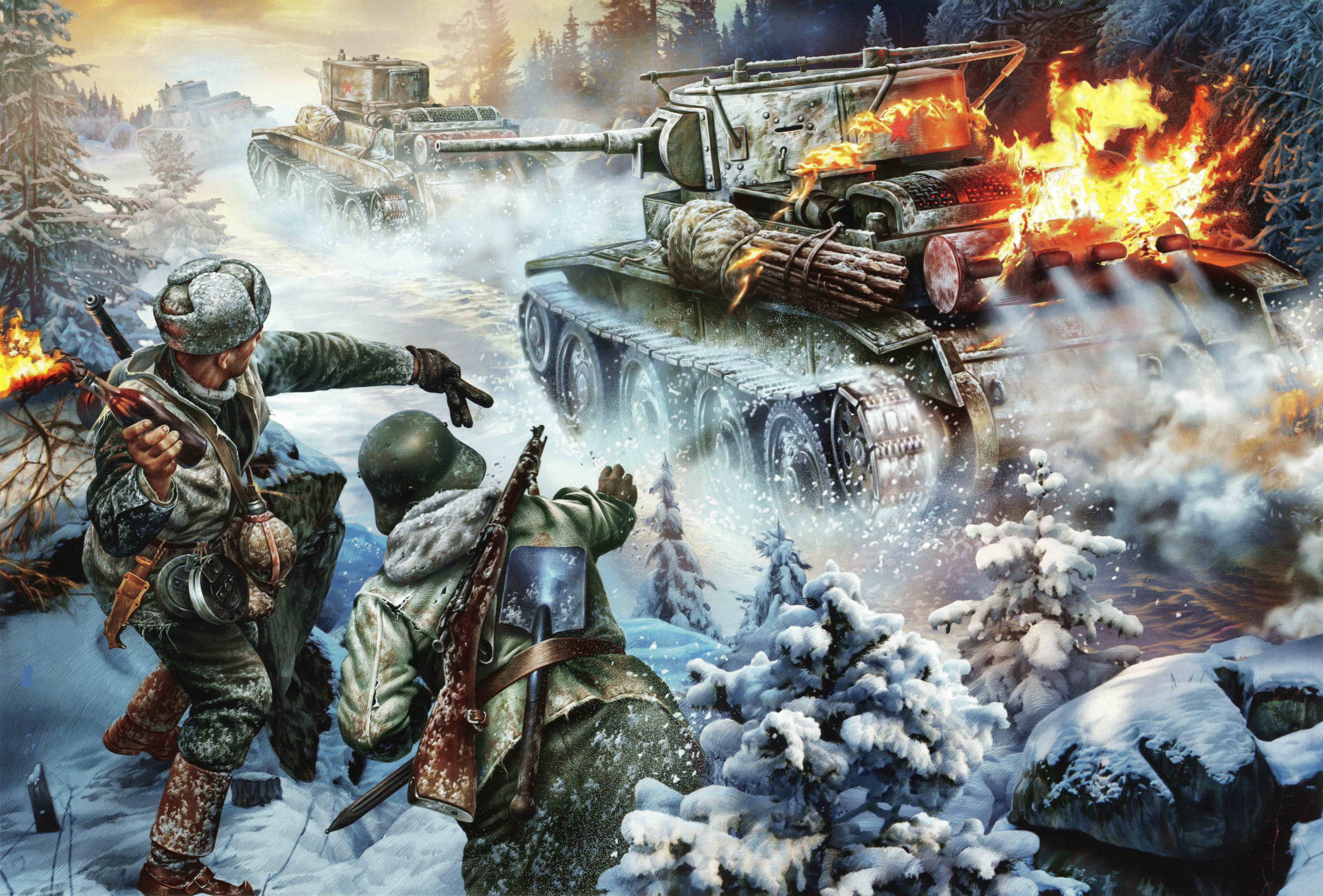 Soldiers and Tanks in Winter Combat HD Wallpaper