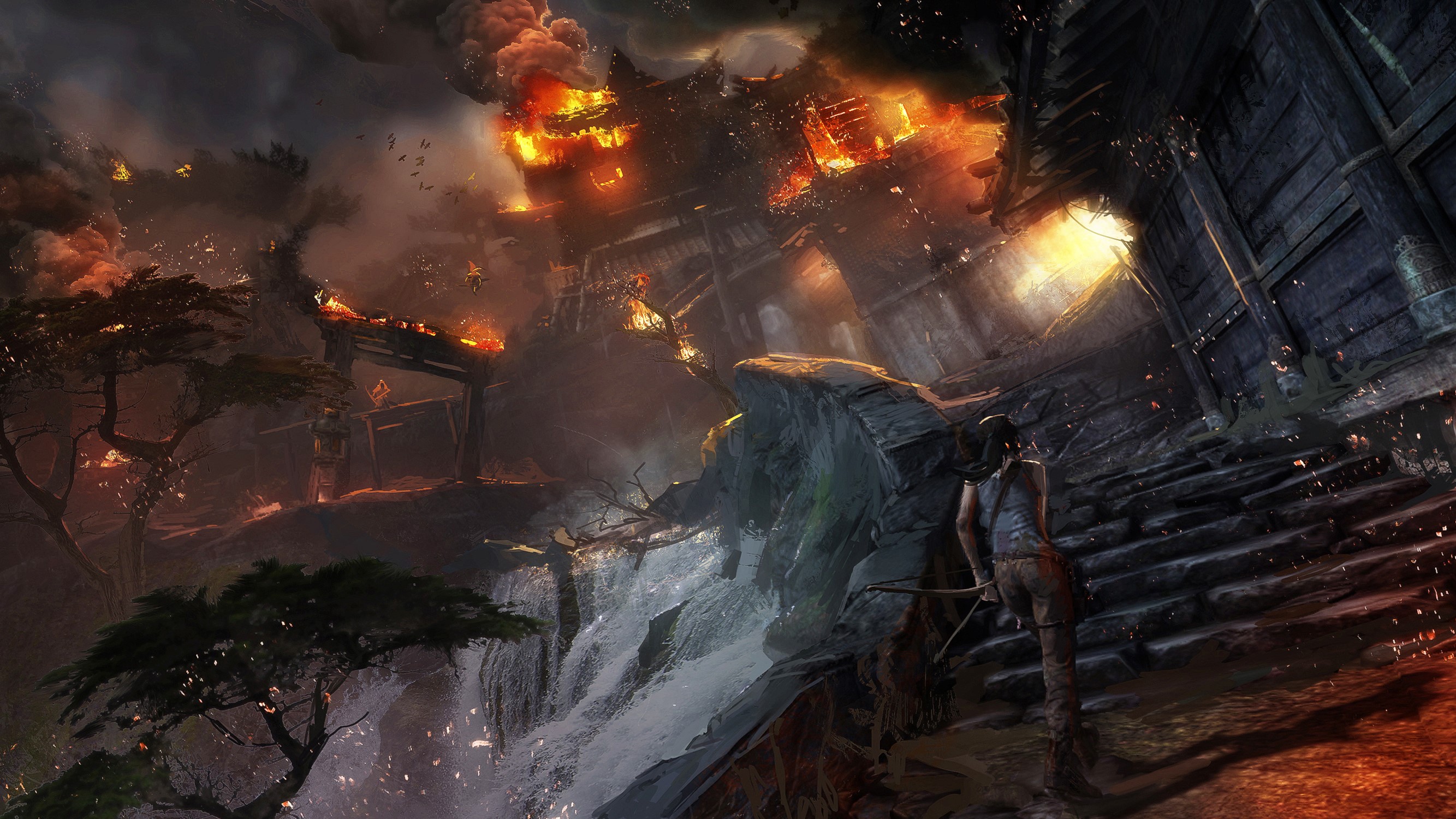 Lara Croft from Tomb Raider in a burning building HD Wallpaper
