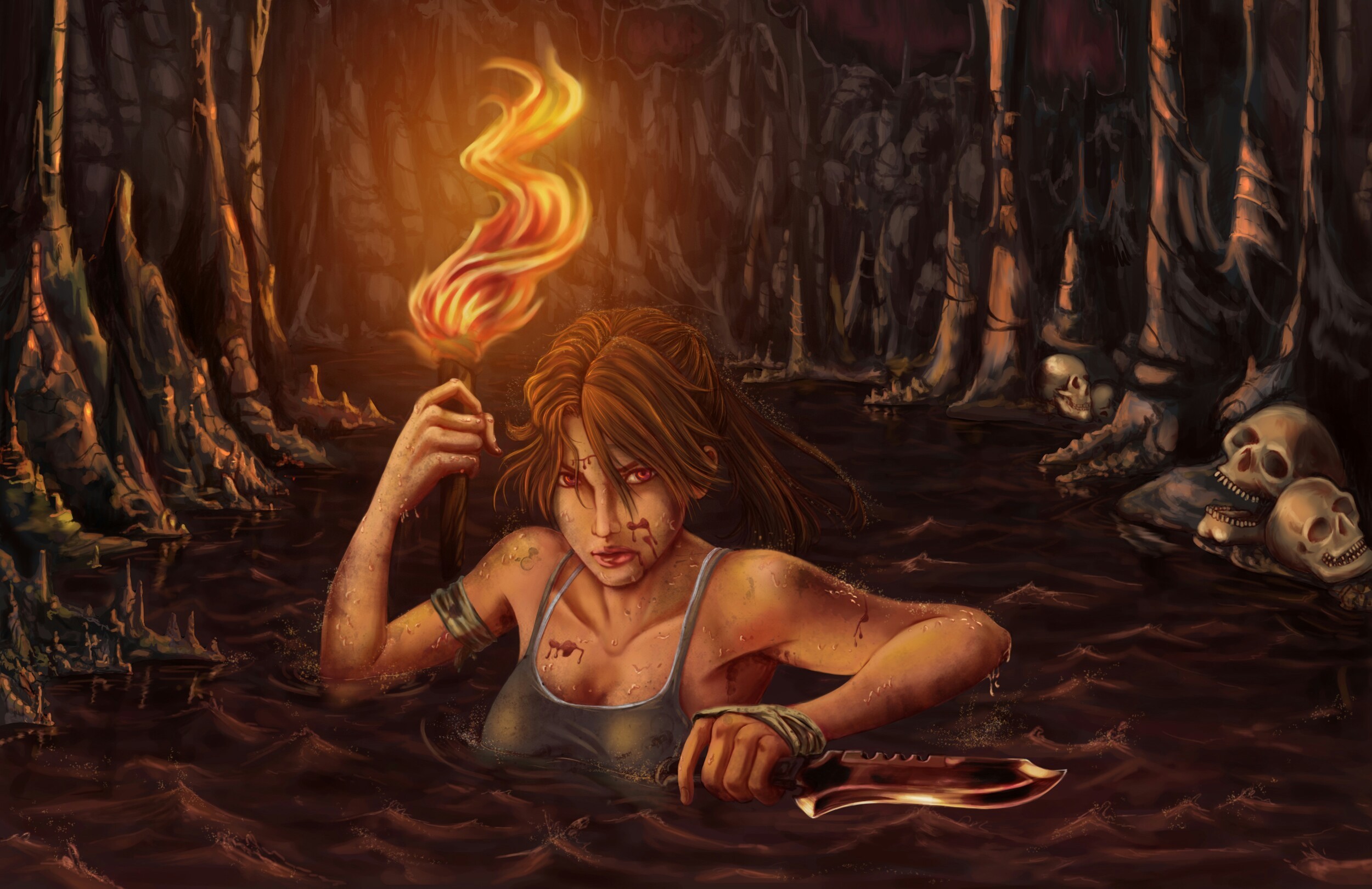 Lara Croft from Tomb Raider holding a torch in a cave HD Wallpaper
