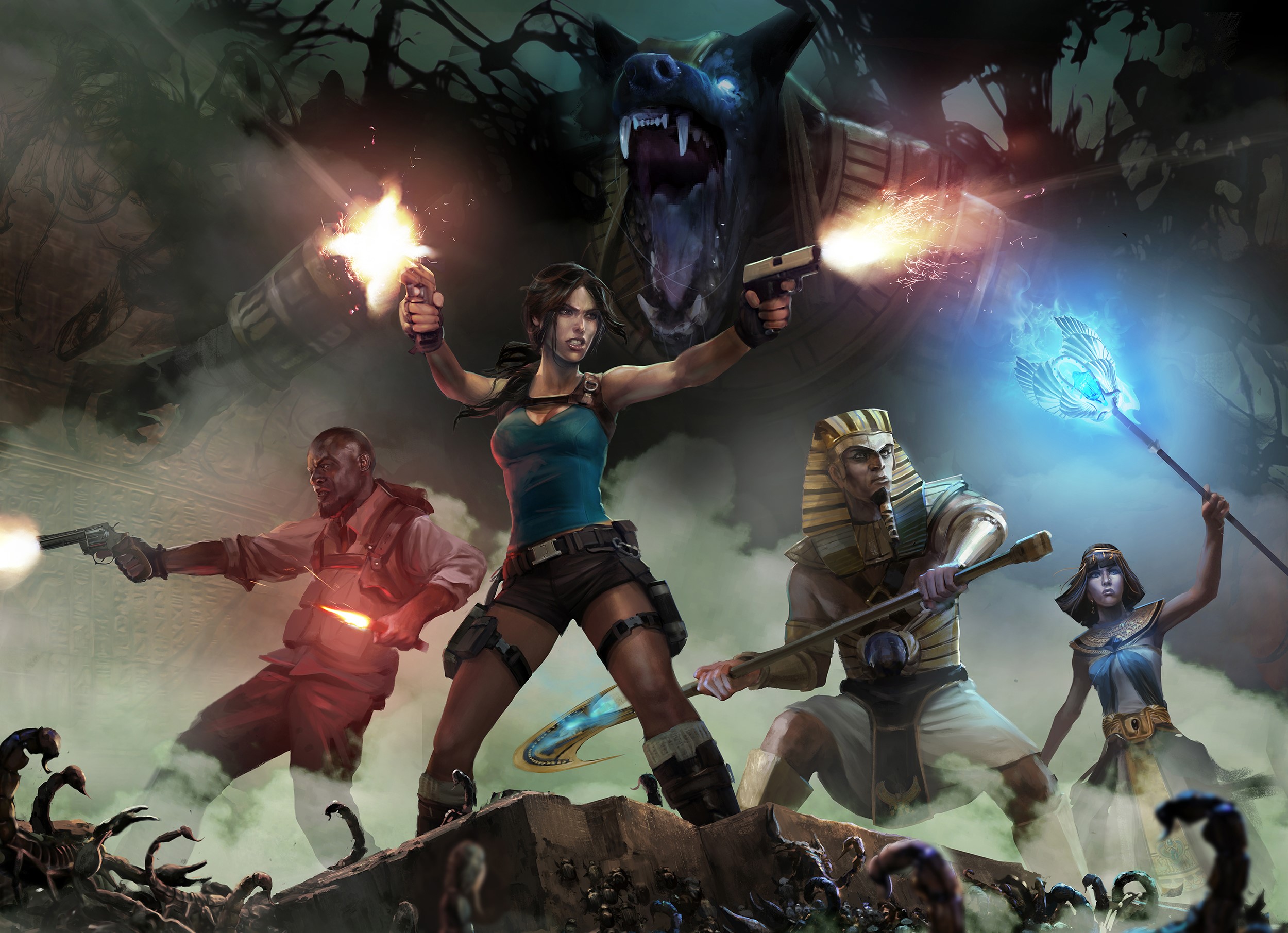 Lara Croft and allies fight Egyptian monsters HD Wallpaper