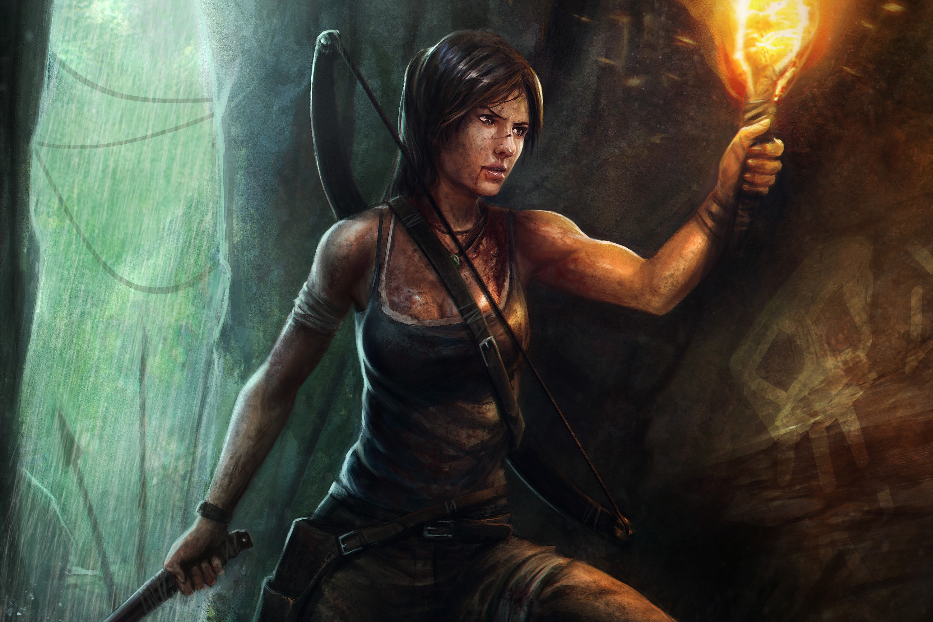 Lara Croft from Tomb Raider holding a torch HD Wallpaper