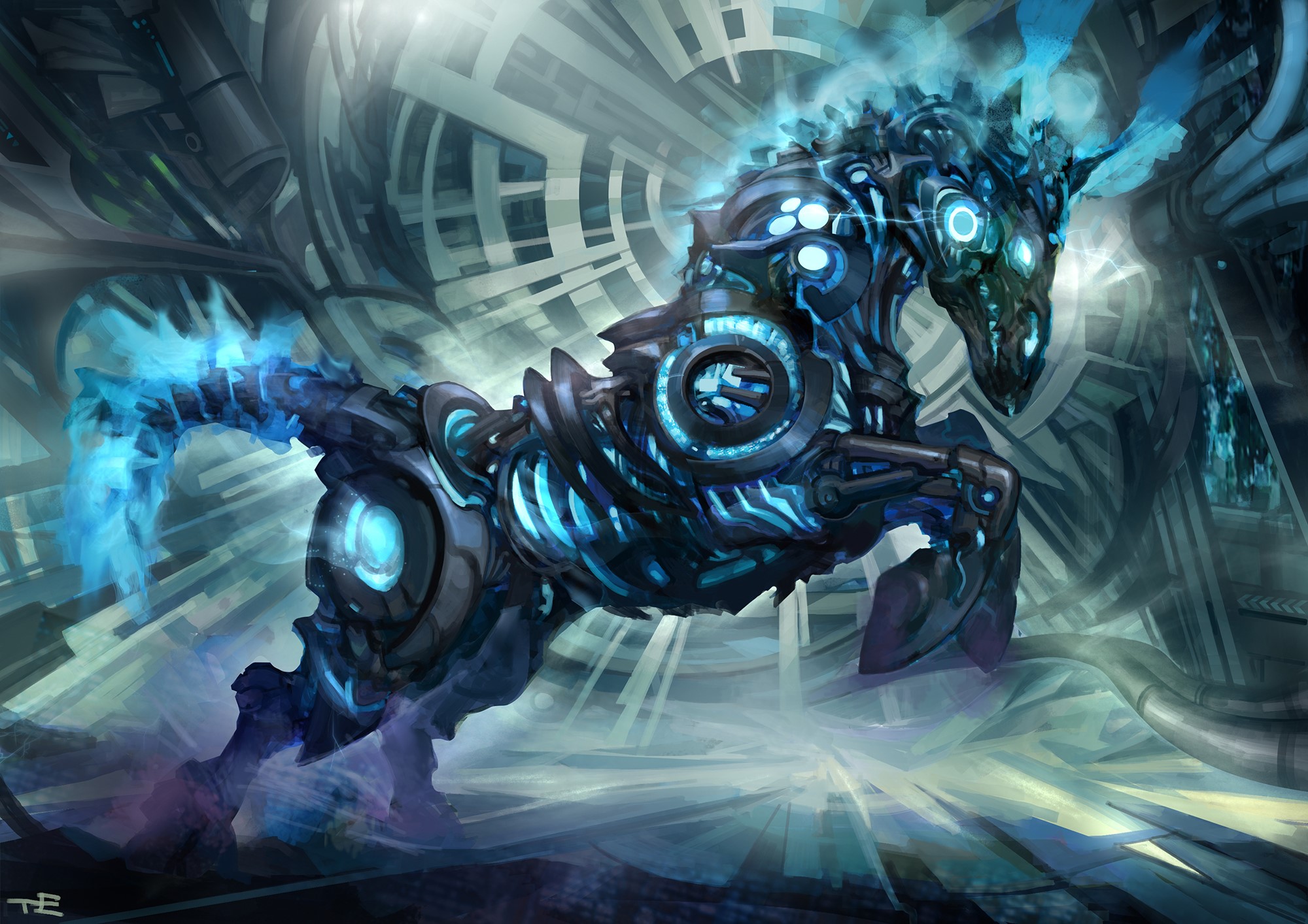 Mechanical Horse with Blue Energy in Futuristic Setting HD Wallpaper