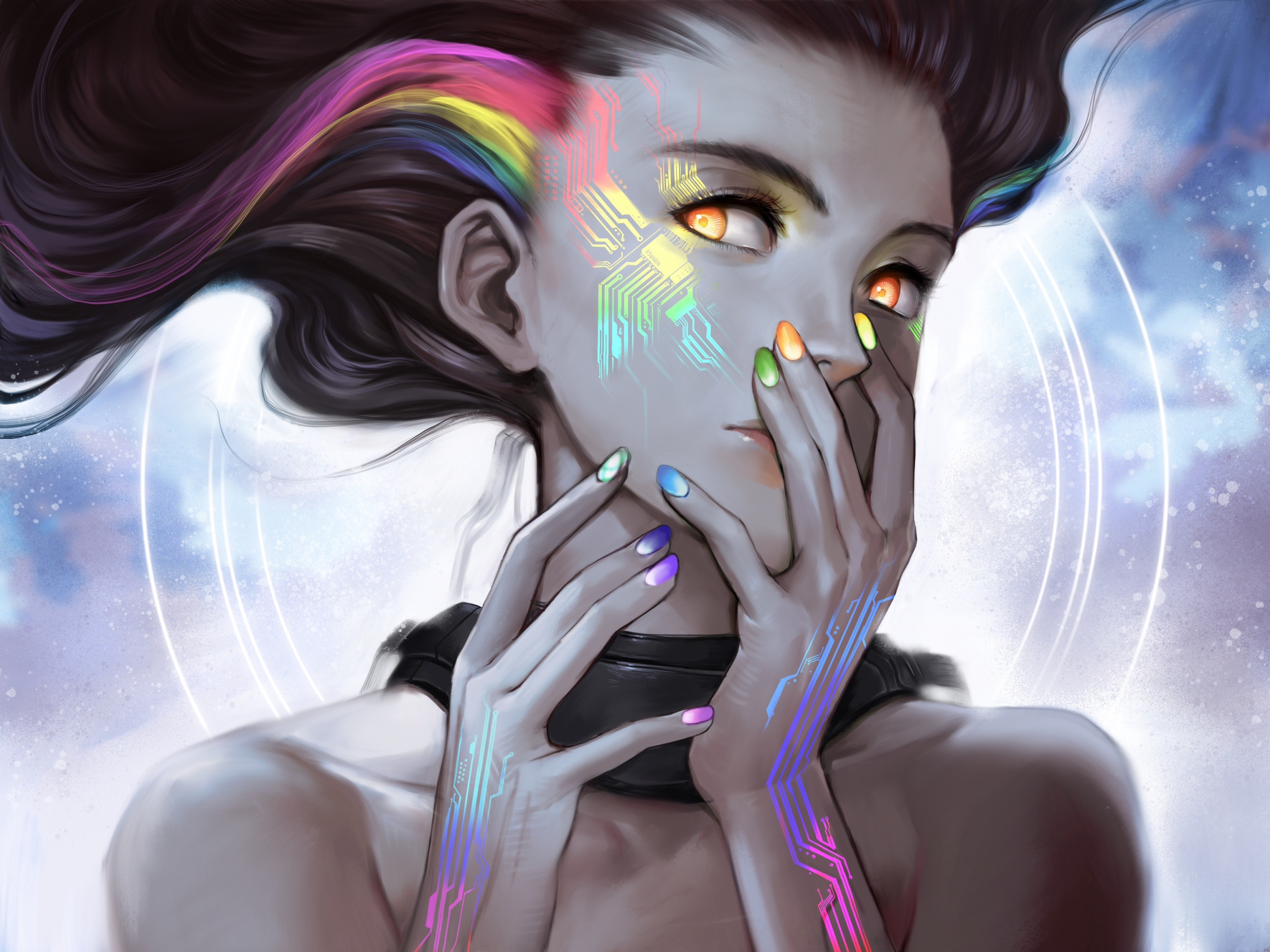 4K Robot with rainbow circuit patterns HD Wallpaper