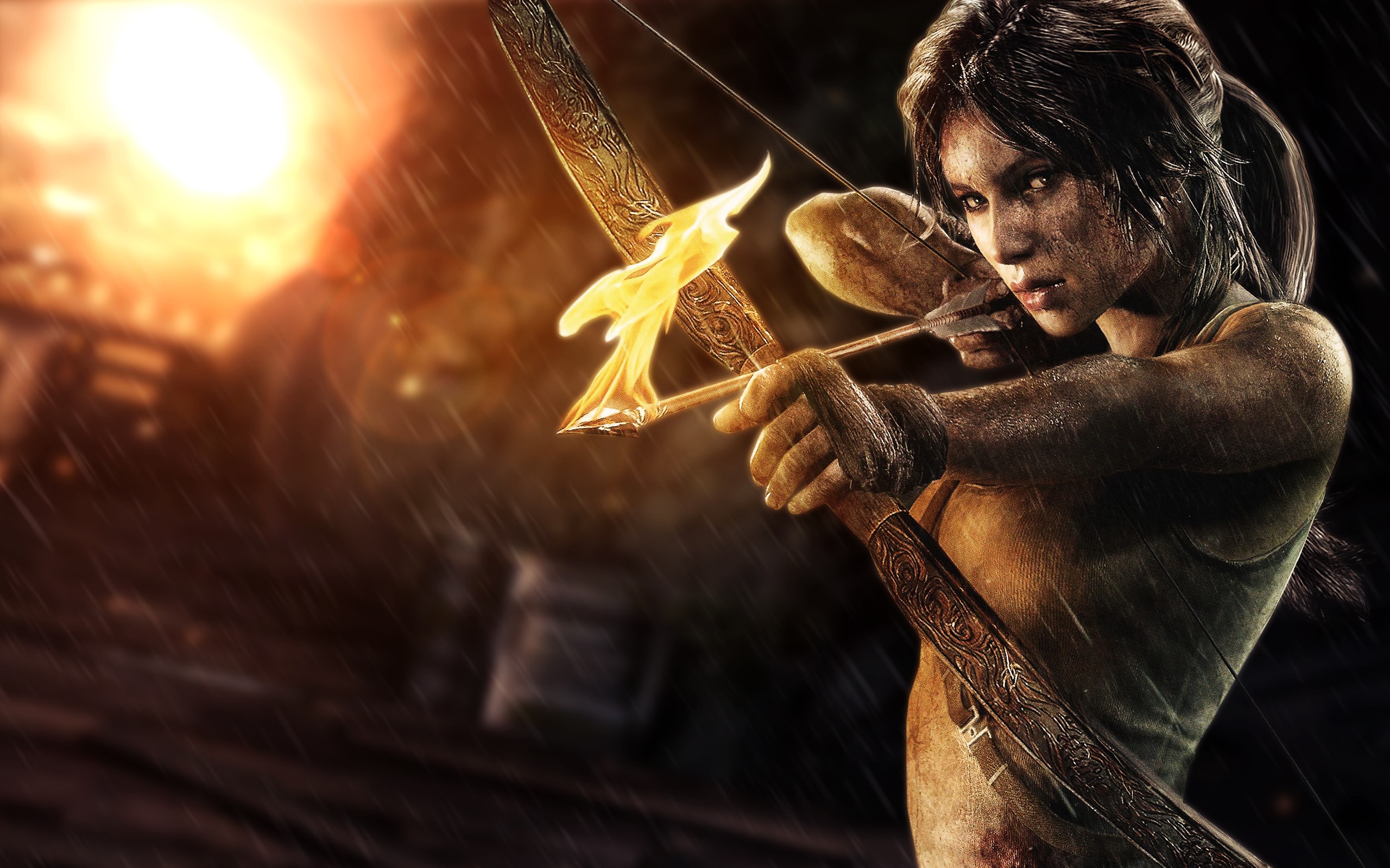 Lara Croft with flaming arrow from Tomb Raider HD Wallpaper