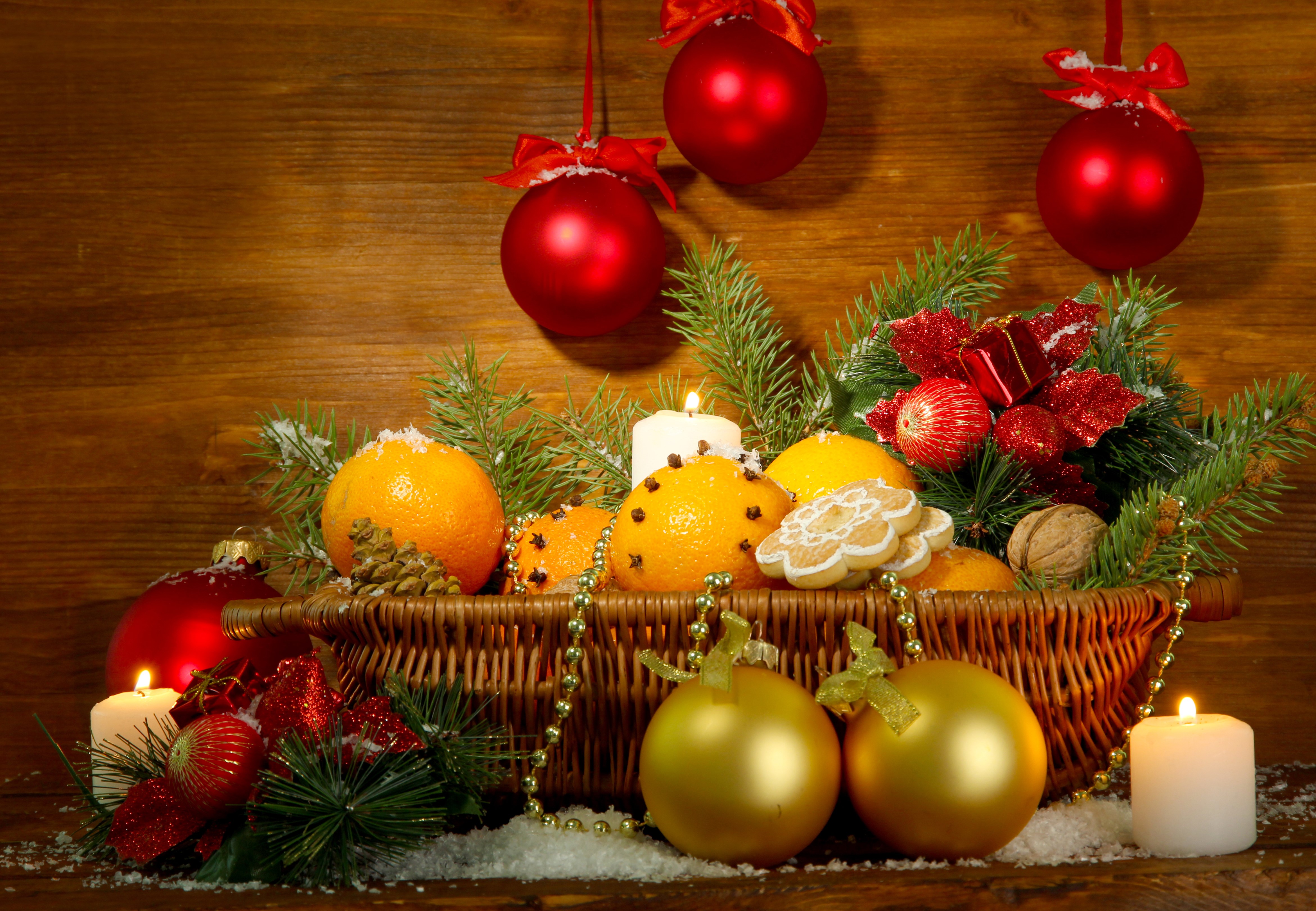 Christmas still life with oranges, candles, and ornaments HD Wallpaper