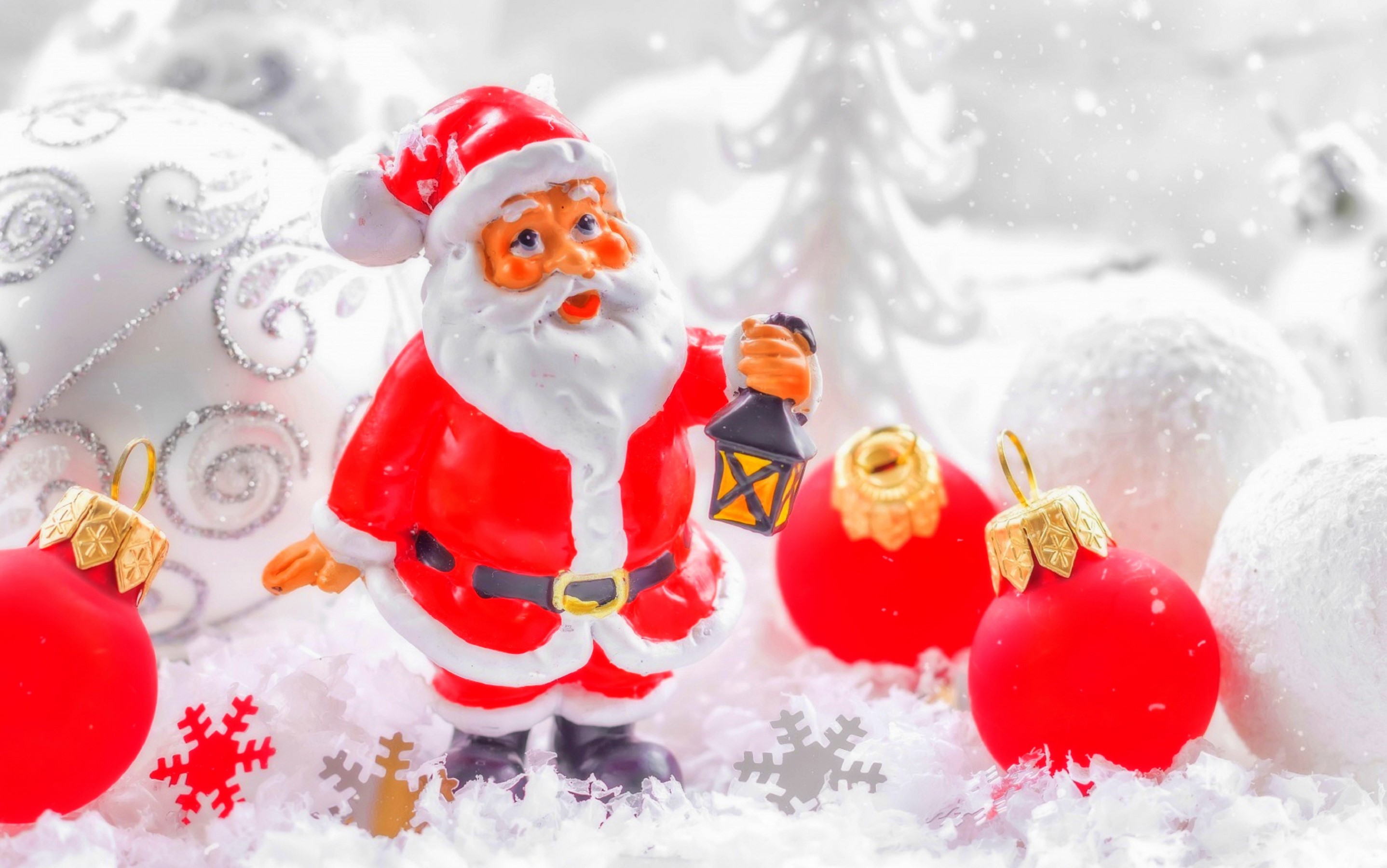 Santa Claus figurine with Christmas ornaments and snowflakes HD Wallpaper