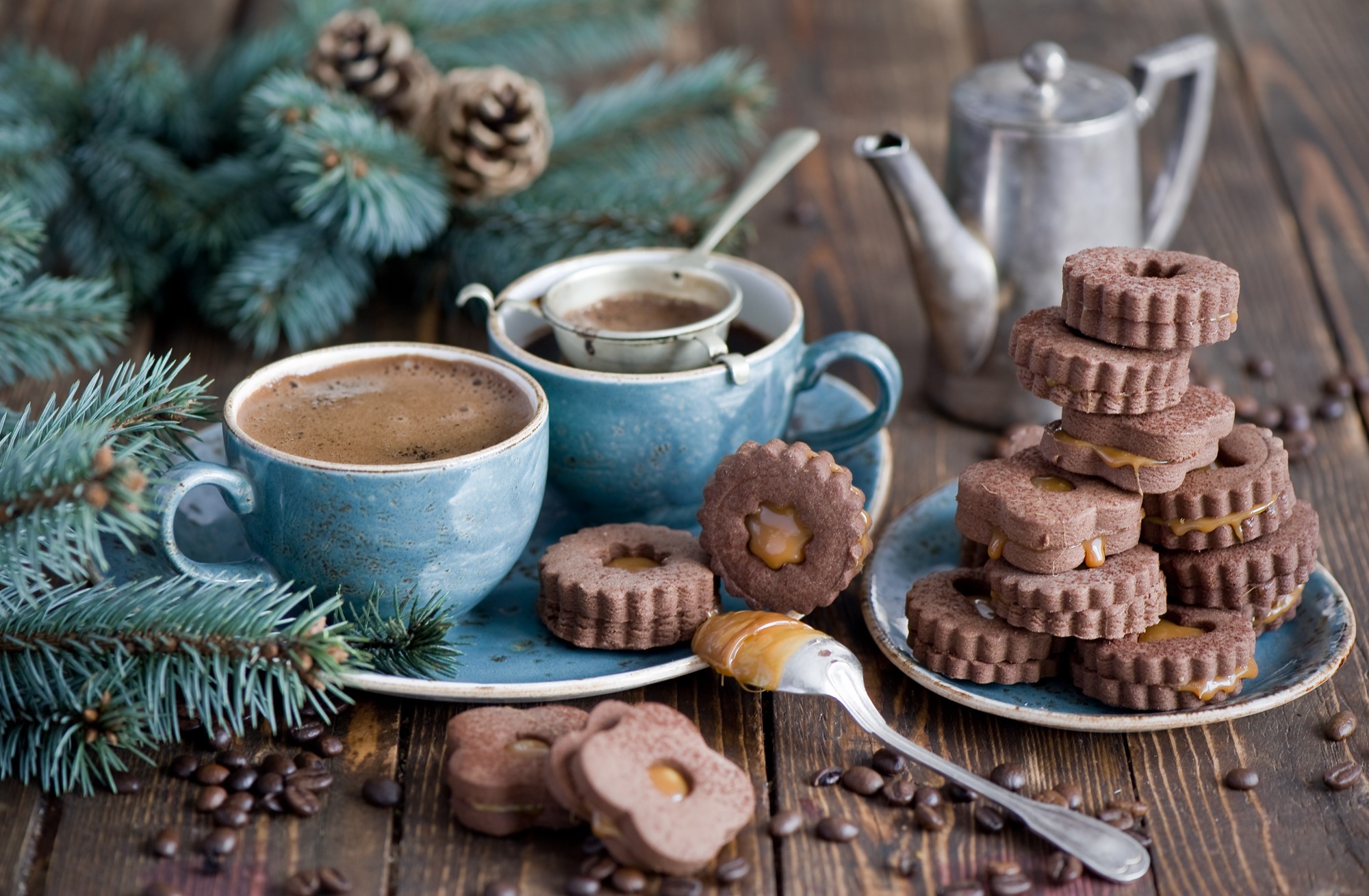 Christmas coffee and cookies with pine branches HD Wallpaper