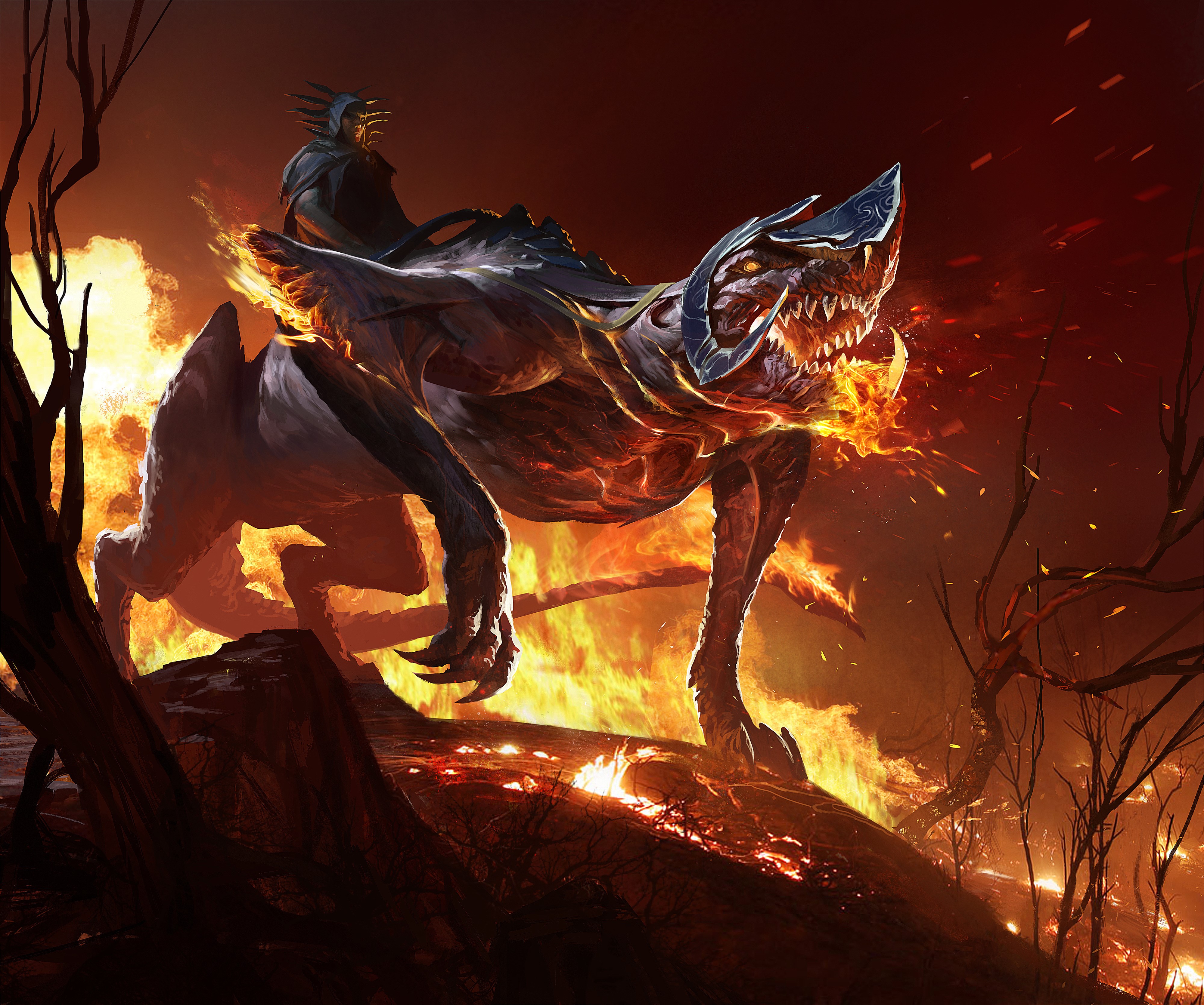 Monster with rider engulfed in flames HD Wallpaper