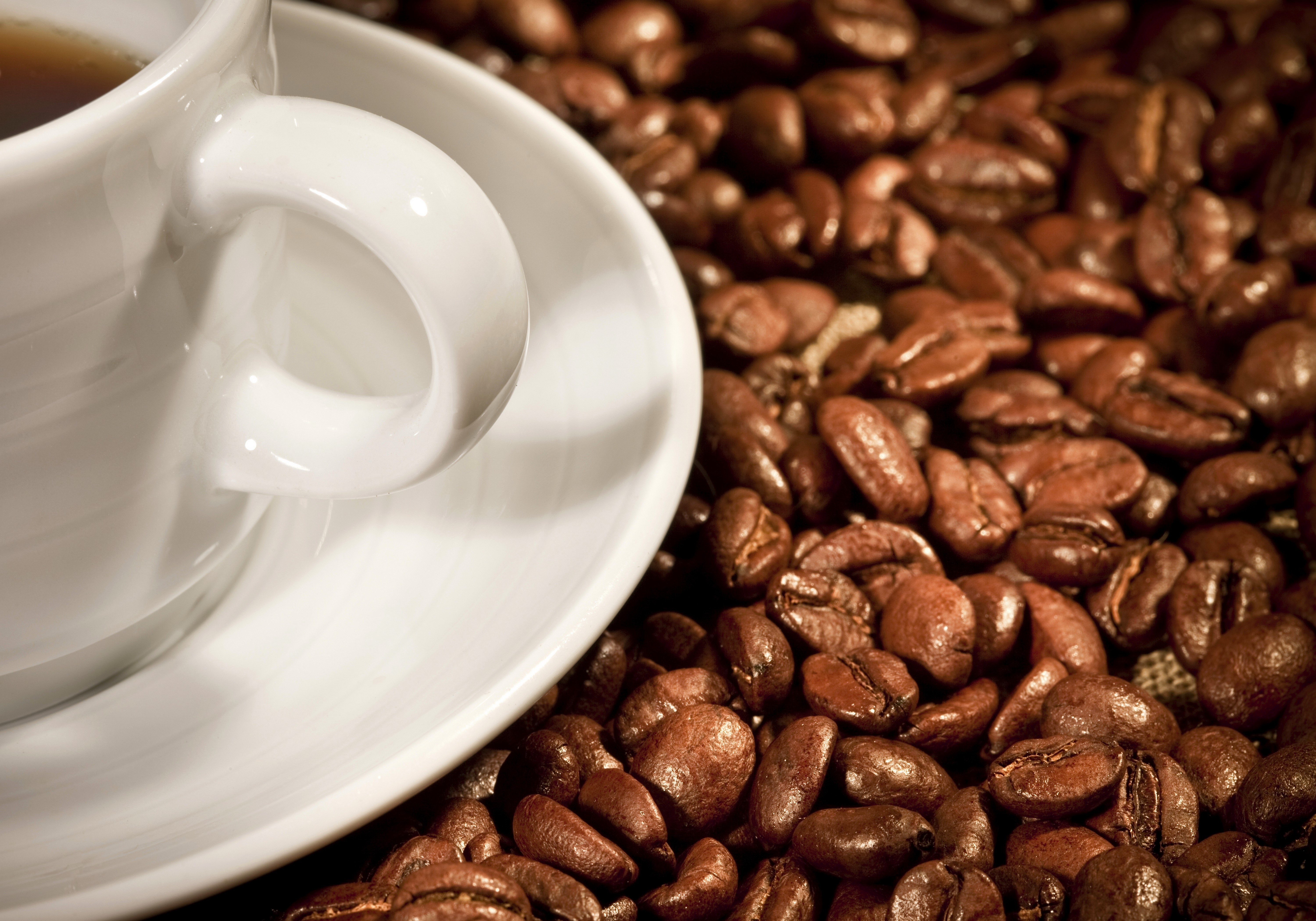 Coffee cup and saucer with coffee beans HD Wallpaper