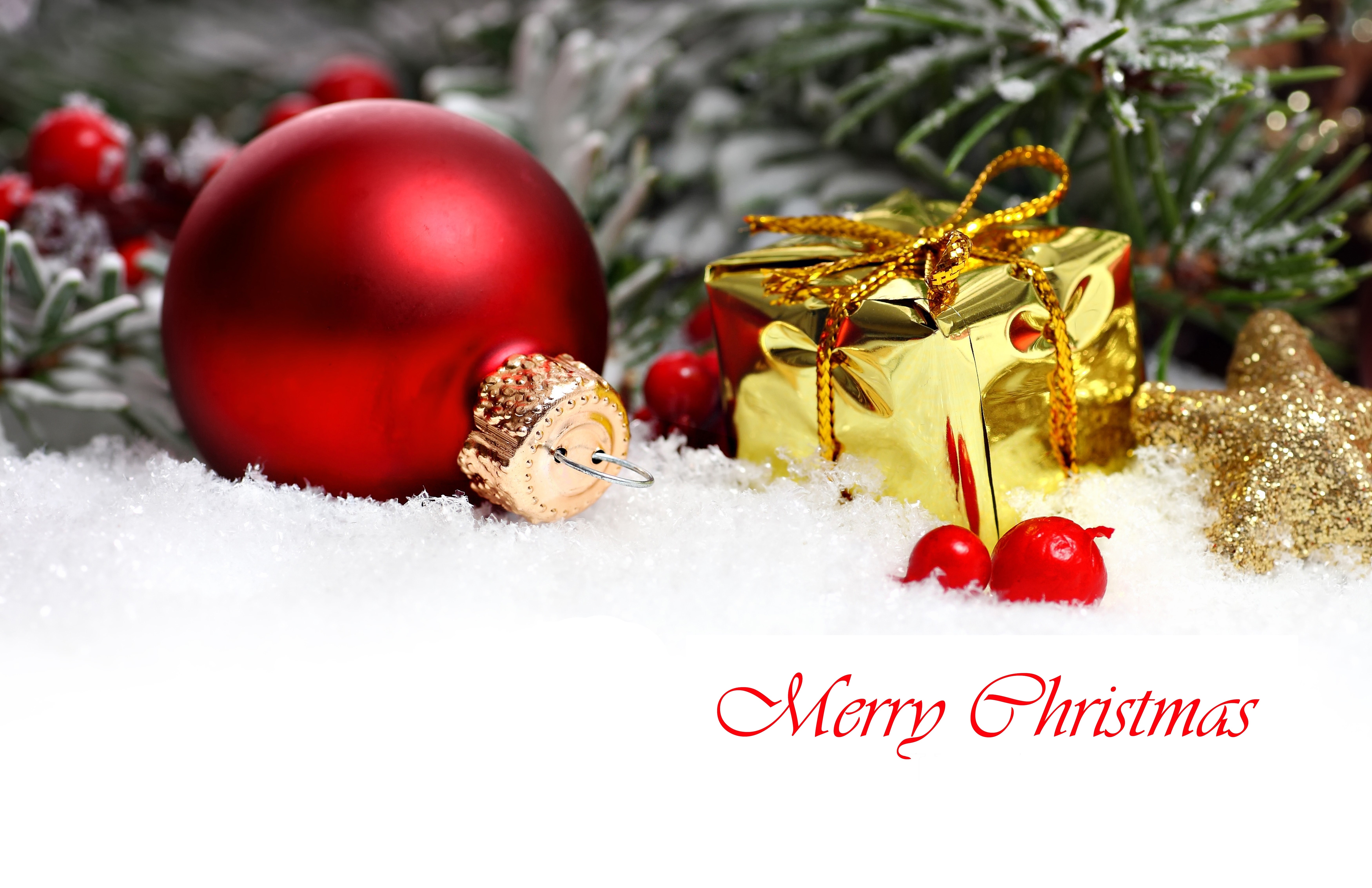 Christmas ornaments and gift in snow HD Wallpaper