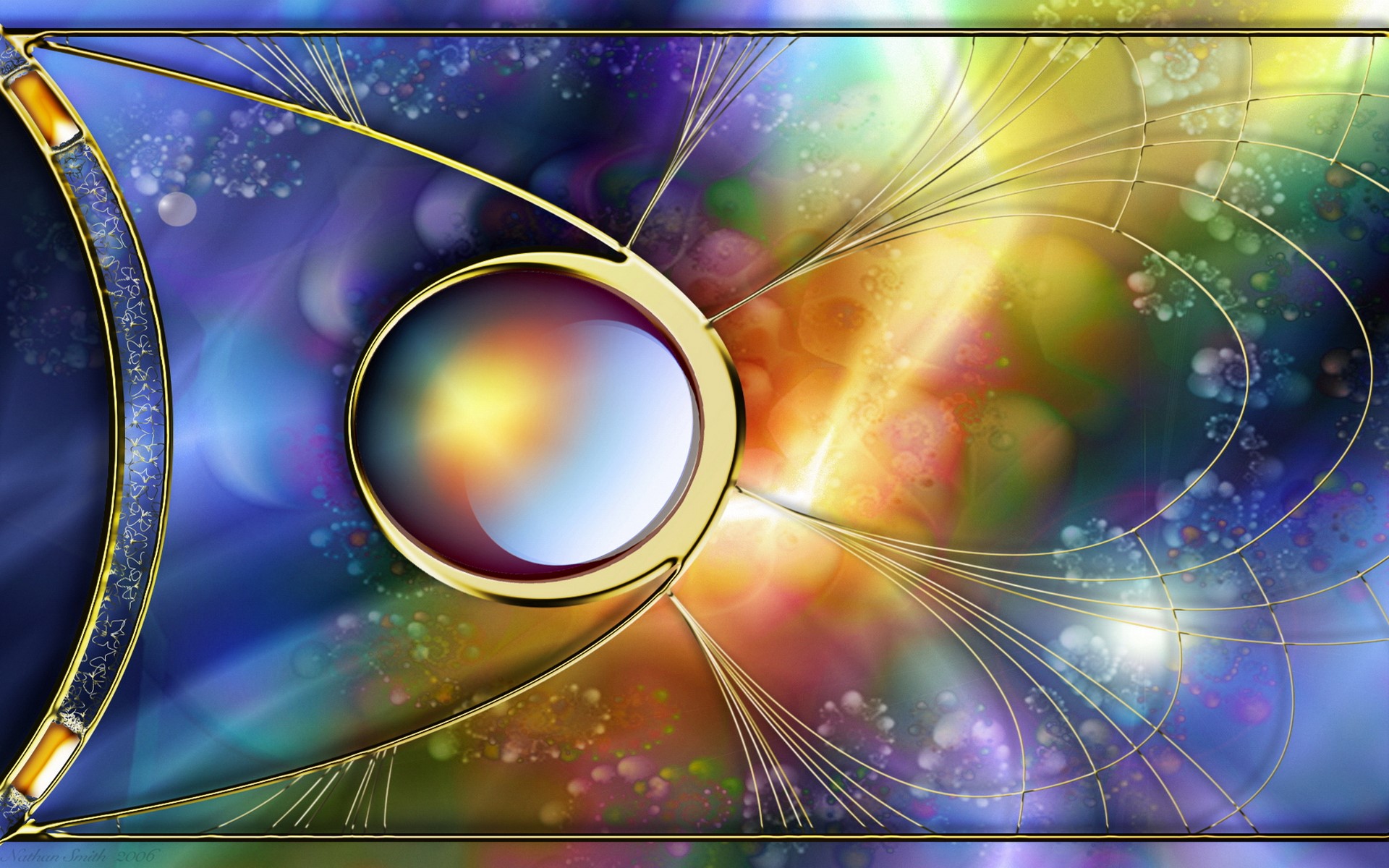 Abstract stained glass with golden tracery and orb HD Wallpaper