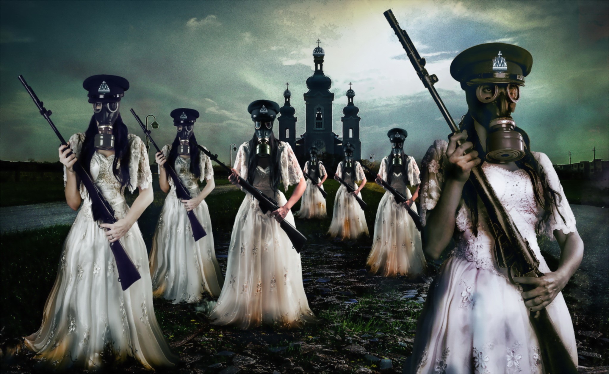 Women in gas masks and wedding dresses holding rifles HD Wallpaper
