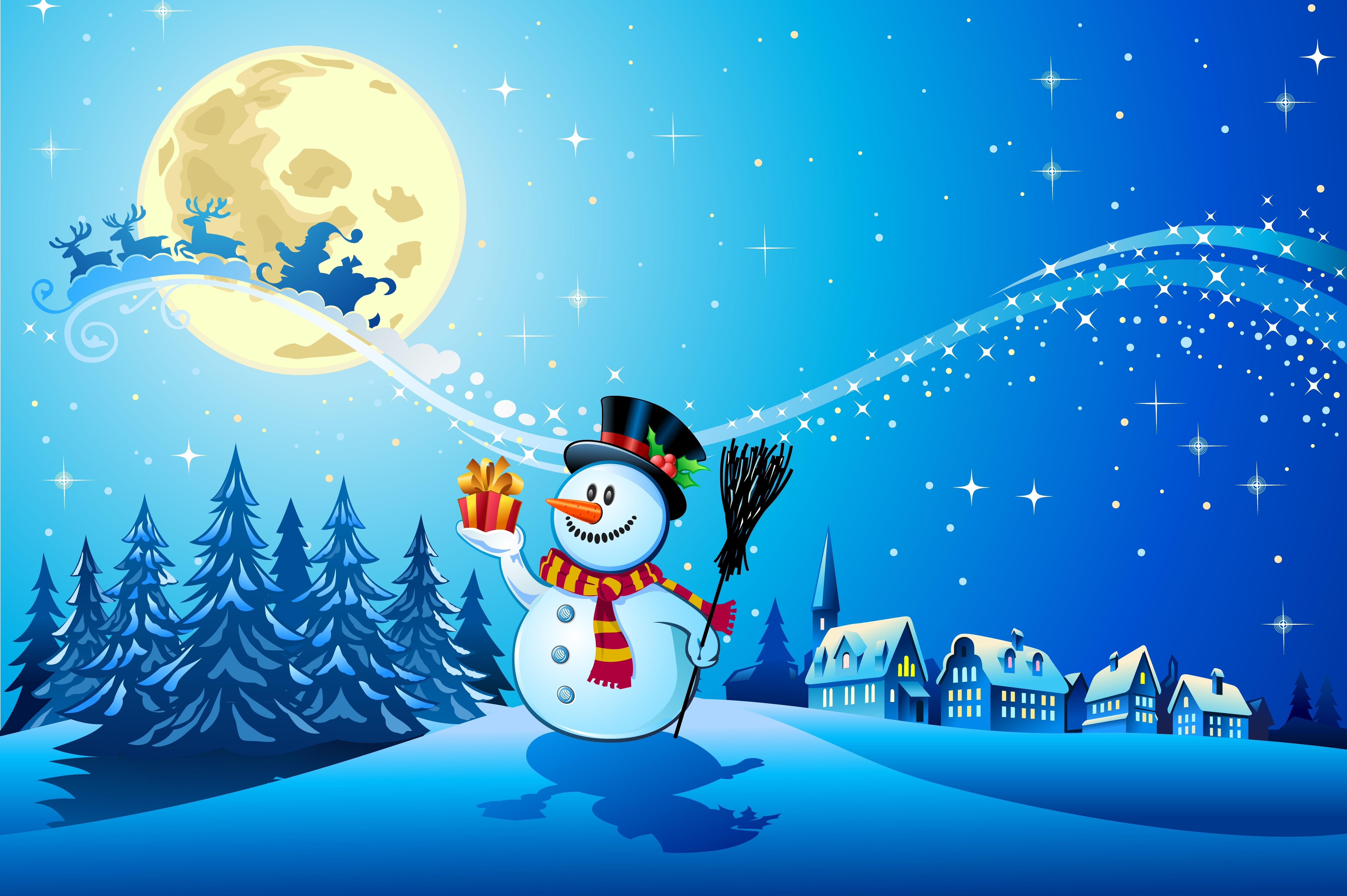Christmas Snowman with Gift and Santa in Moonlit Sky HD Wallpaper