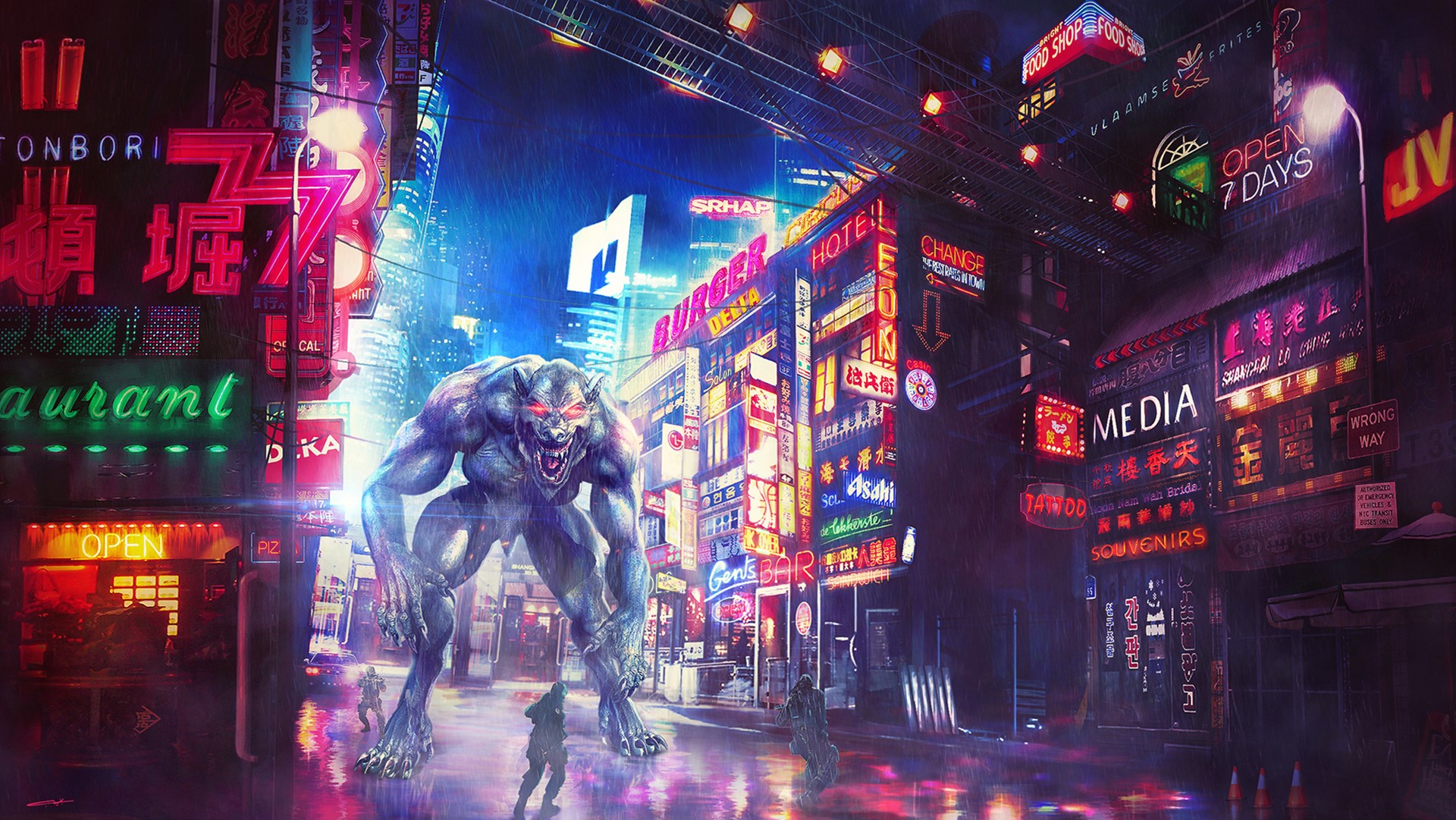 Monster and warriors in a neon-lit city street HD Wallpaper