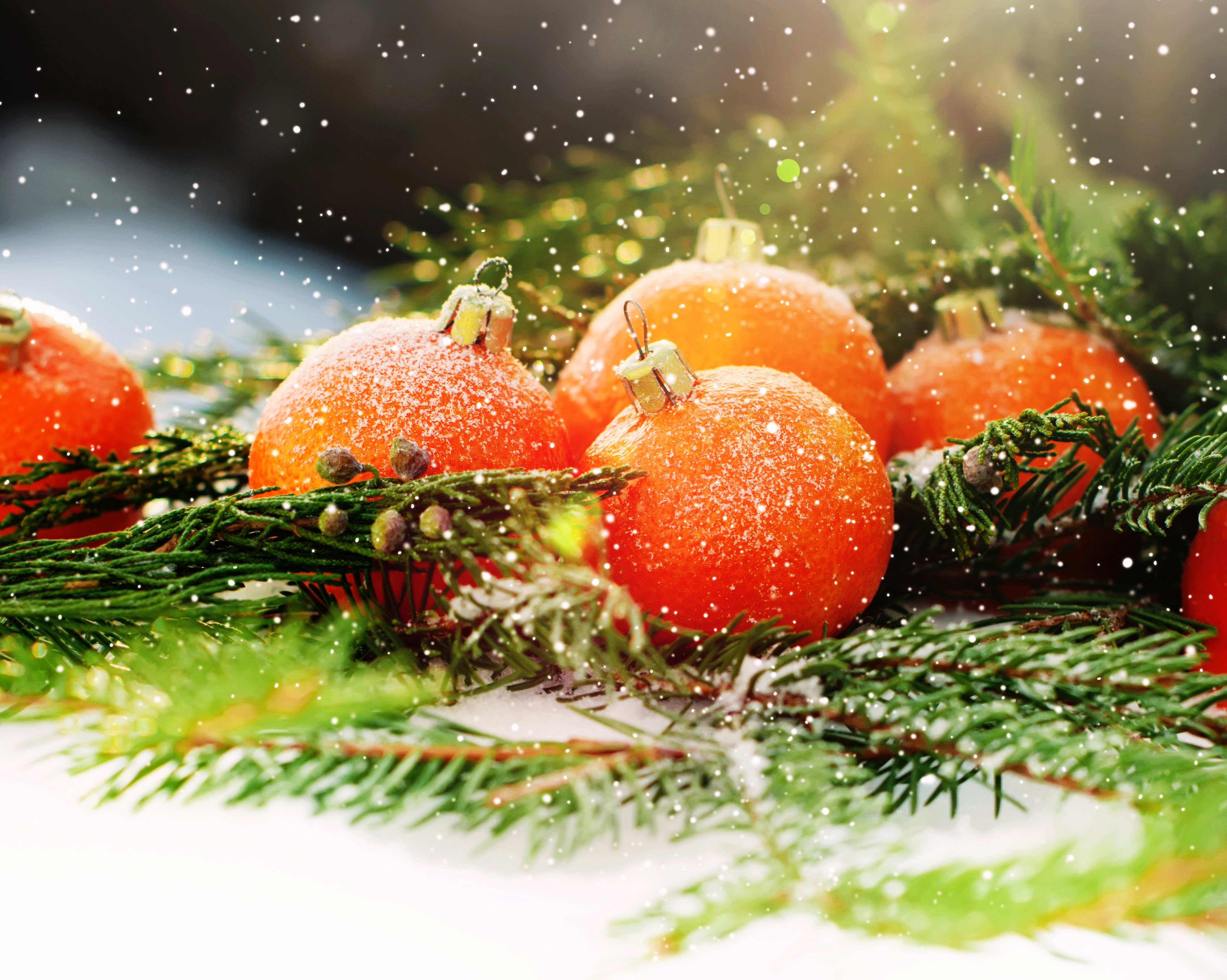 Christmas ornaments with pine branches and snow HD Wallpaper