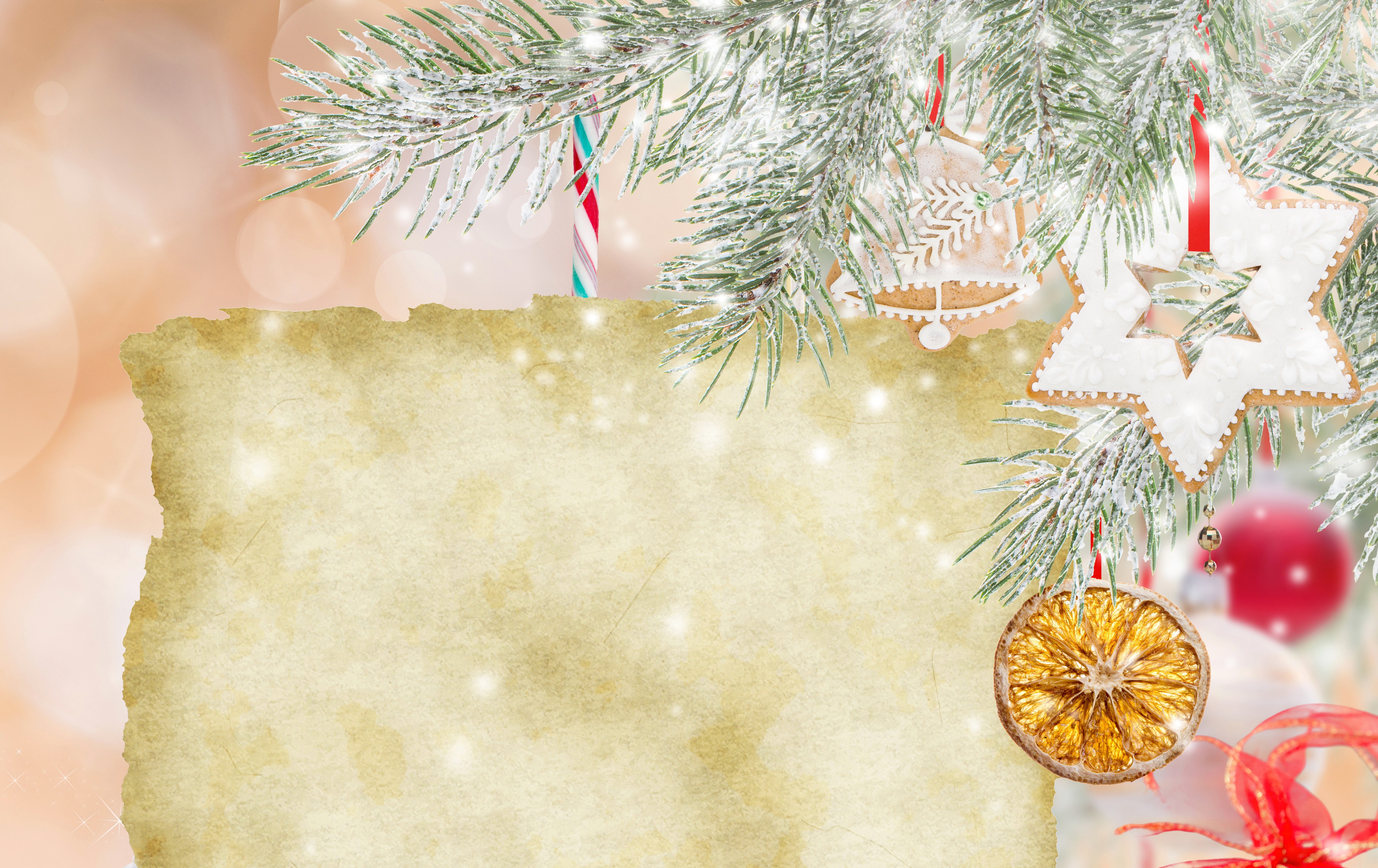 Christmas Branches with Ornaments and Paper HD Wallpaper