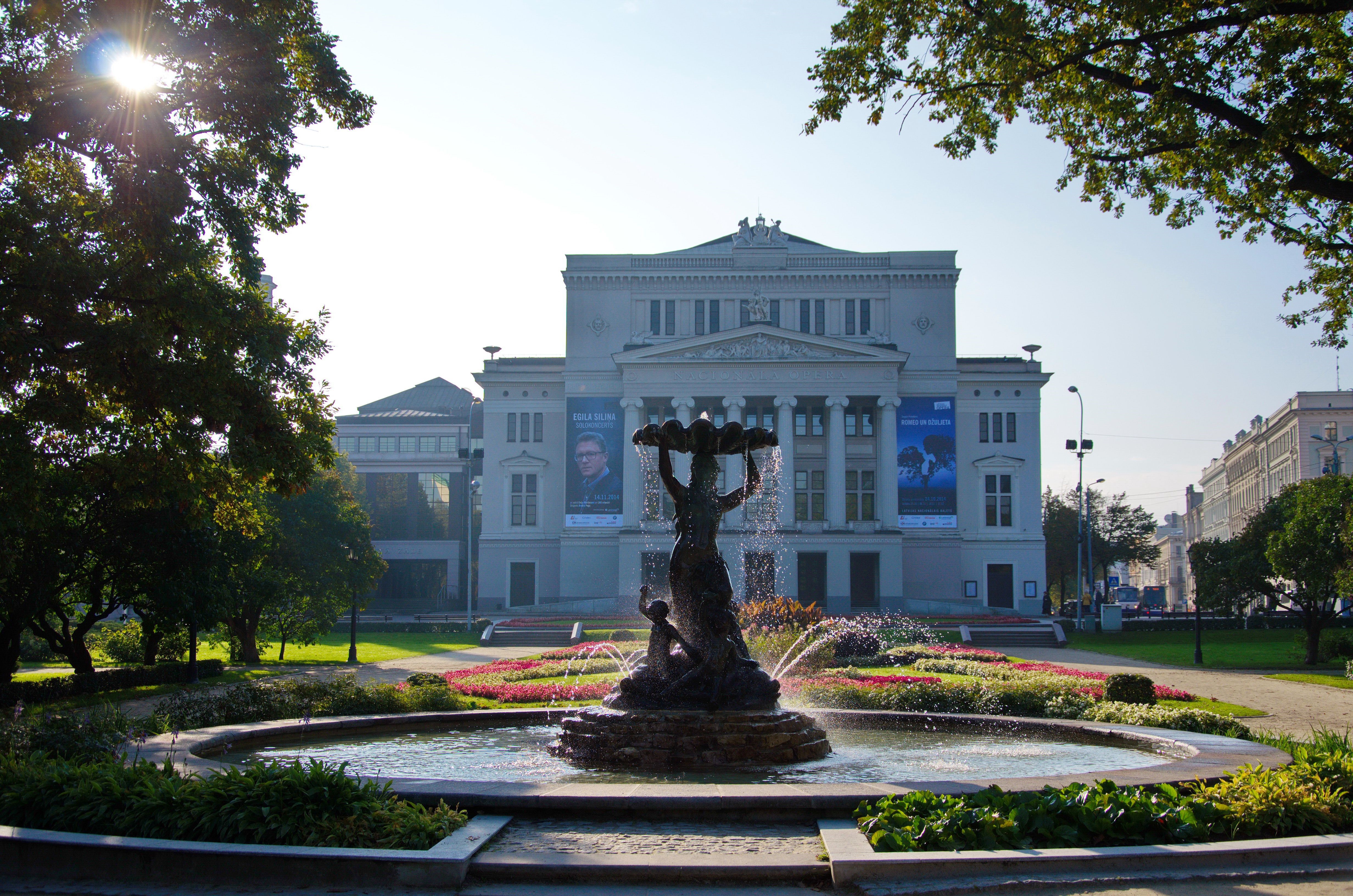 Opera and Ballet Theater Riga with Fountain, Latvia HD Wallpaper