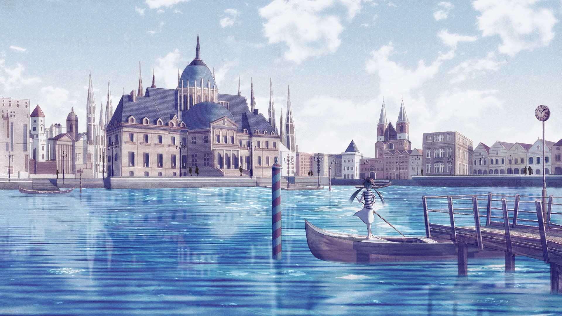 Anime girl in a gondola in a Venetian-style city HD Wallpaper