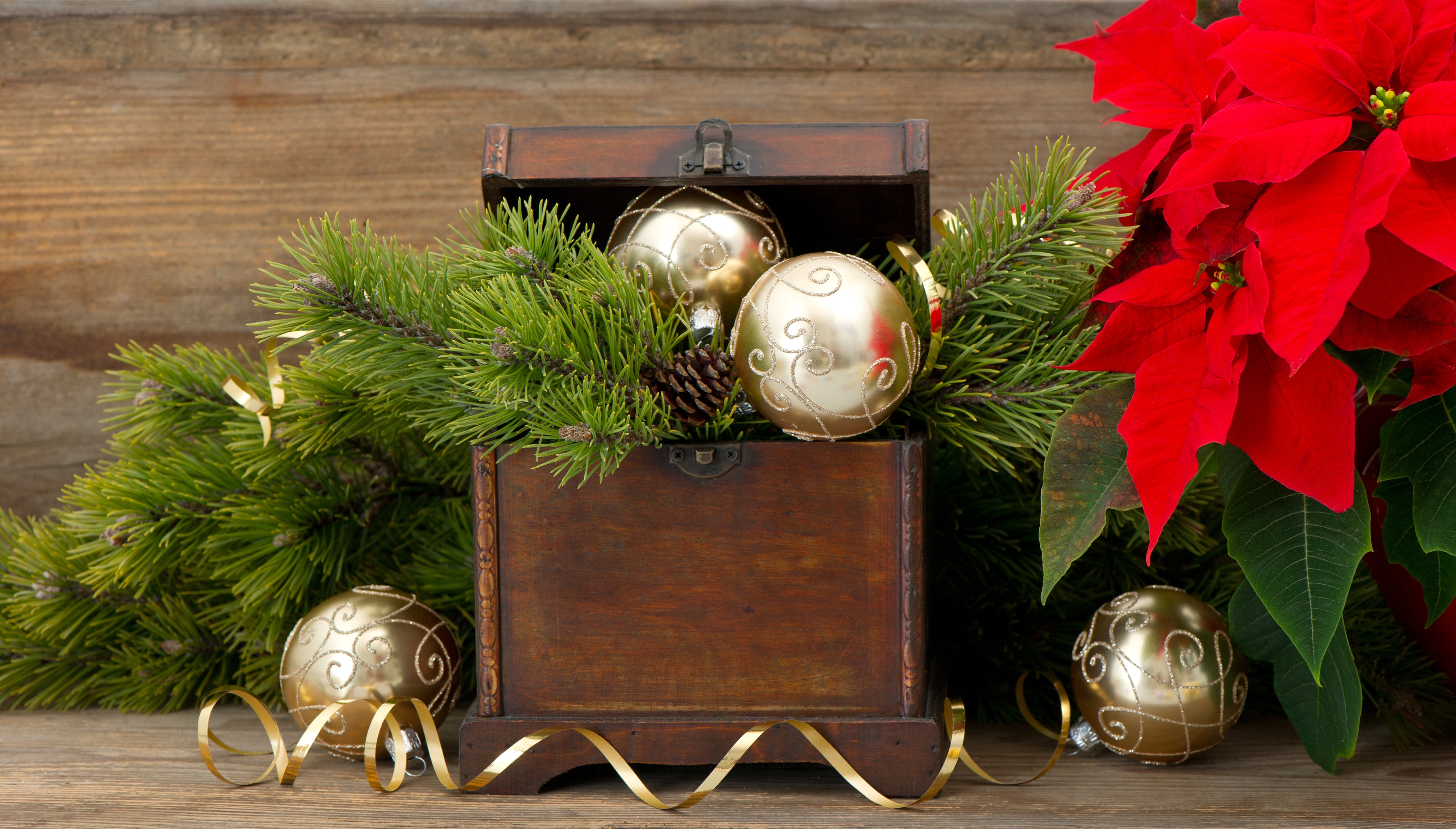Christmas ornaments in a wooden chest with pine branches and poinsettia HD Wallpaper