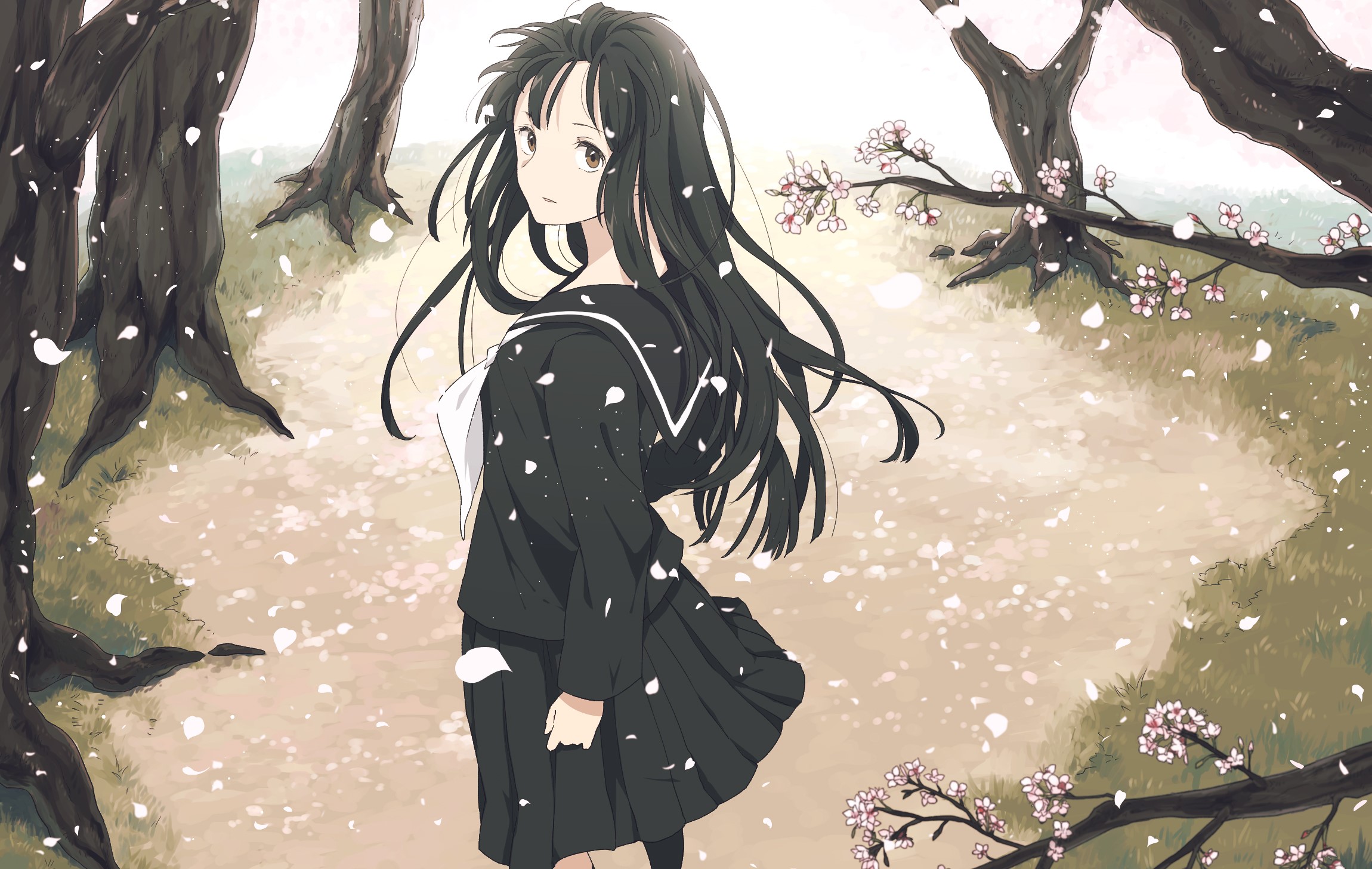 Girl in school uniform in a park with cherry blossoms HD Wallpaper
