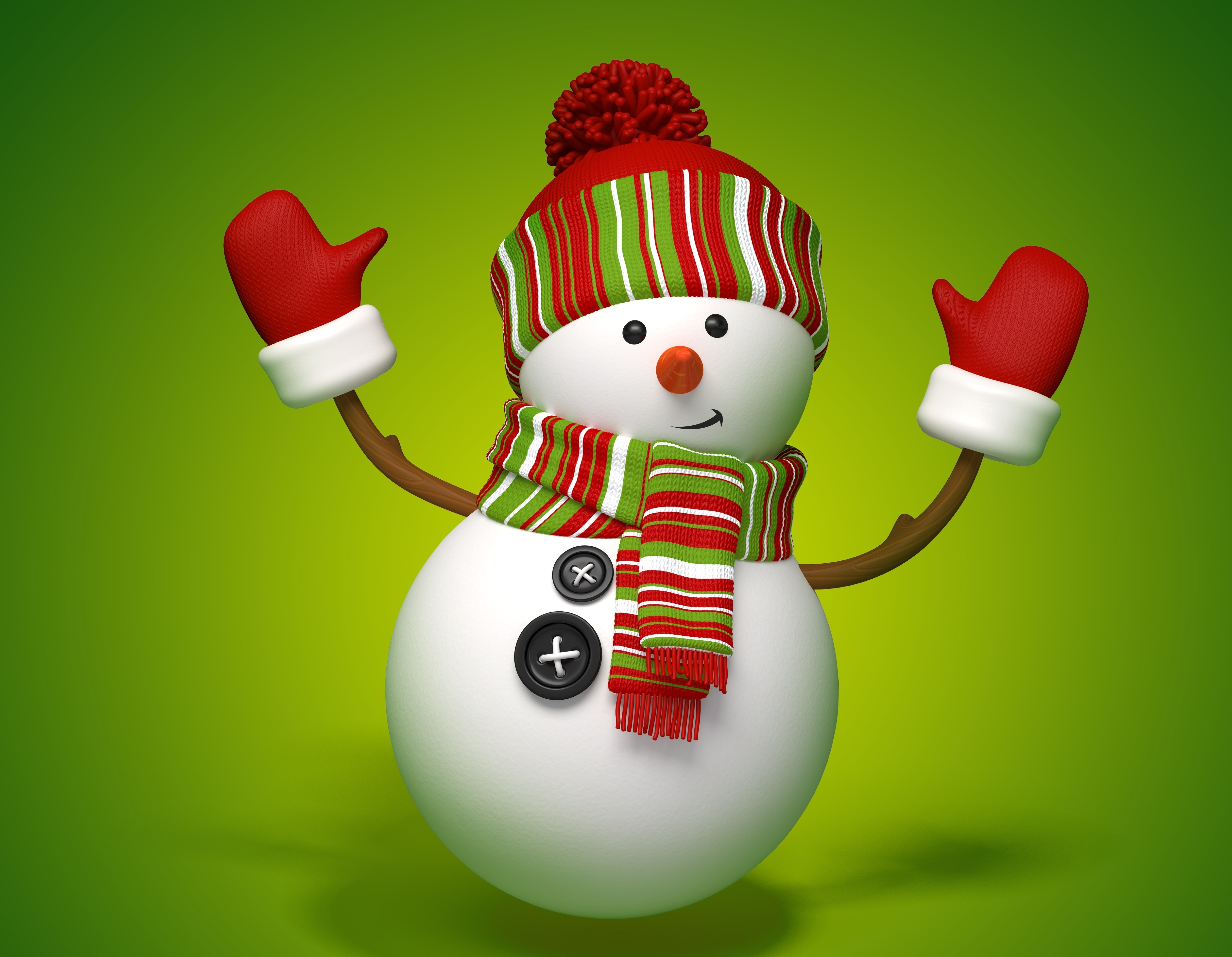 Christmas Snowman with Red and Green Scarf and Hat HD Wallpaper