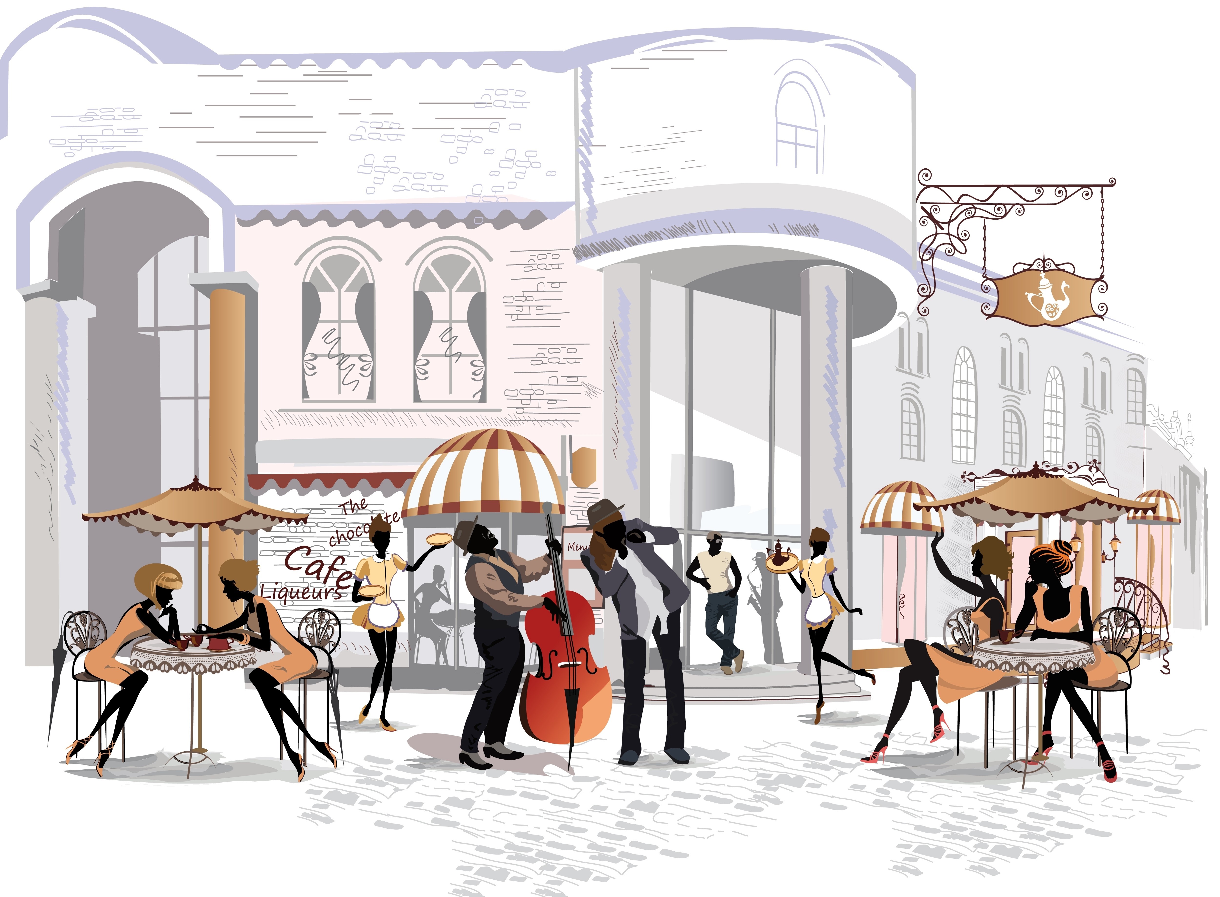 Cafe scene with jazz musicians and patrons HD Wallpaper